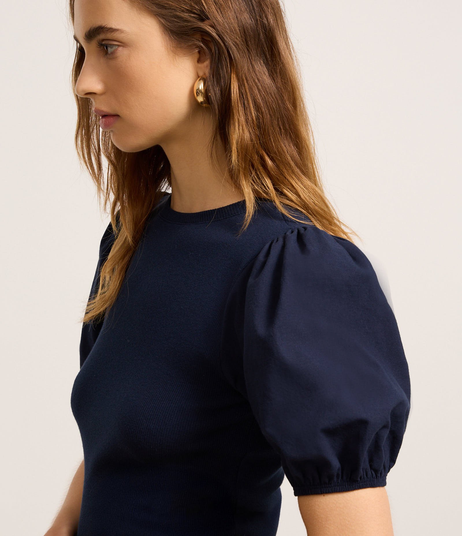 Blusa em Ribana e Tricoline com Manga Bufante Azul Marinho 4