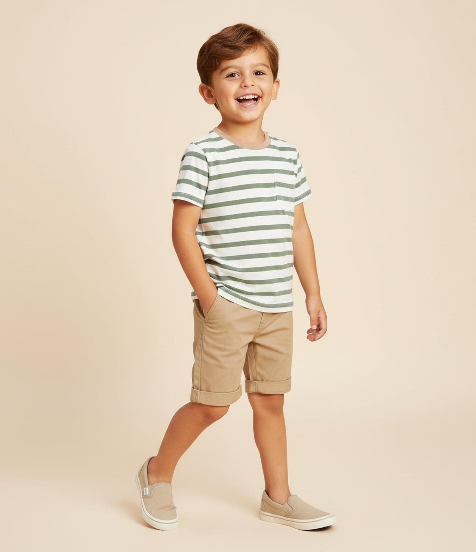 Camiseta Infantil com Bolsos e Estampa Listrada - Tam 1 a 6 Anos Branco/Verde 1