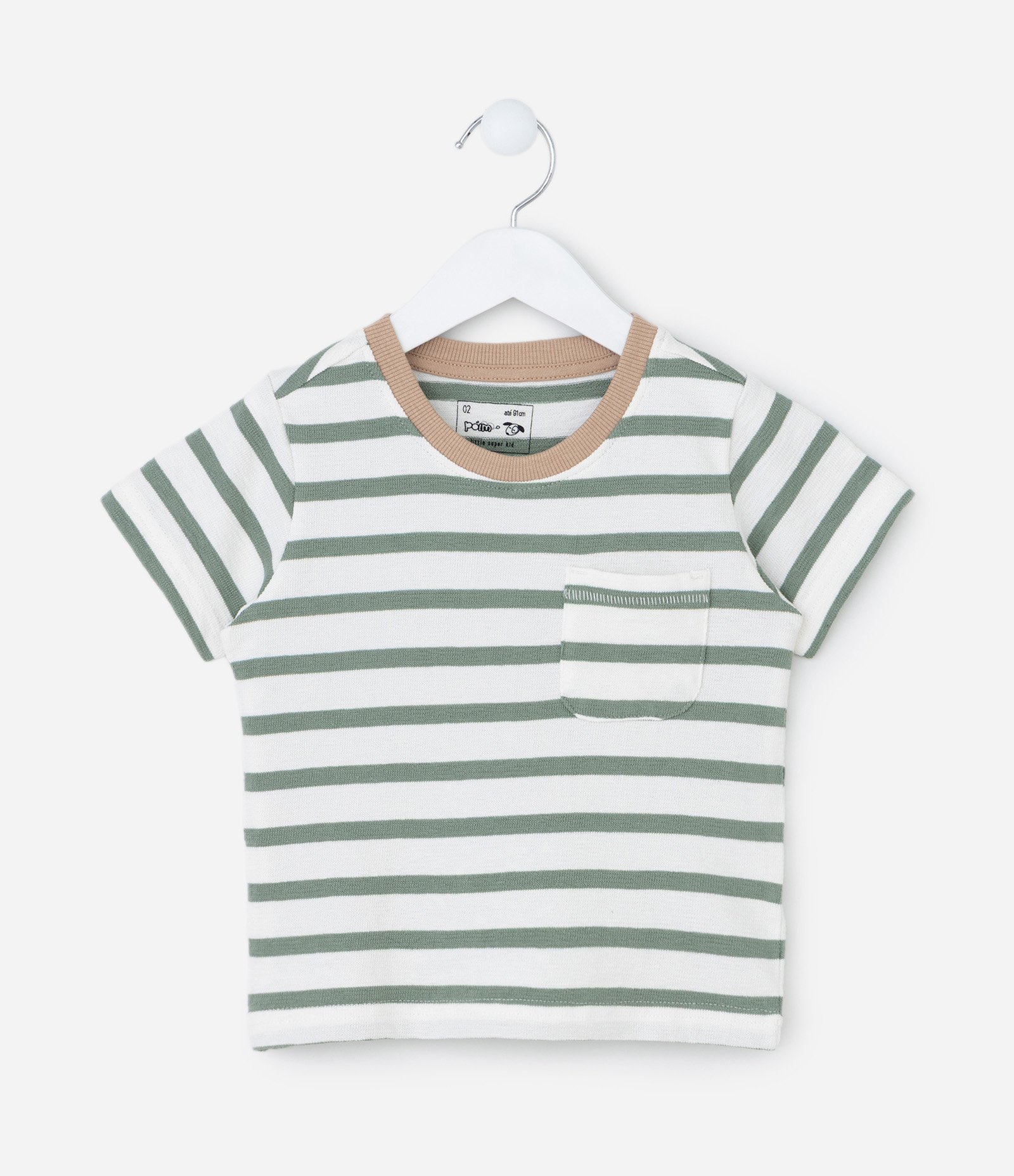Camiseta Infantil com Bolsos e Estampa Listrada - Tam 1 a 6 Anos Branco/Verde 2
