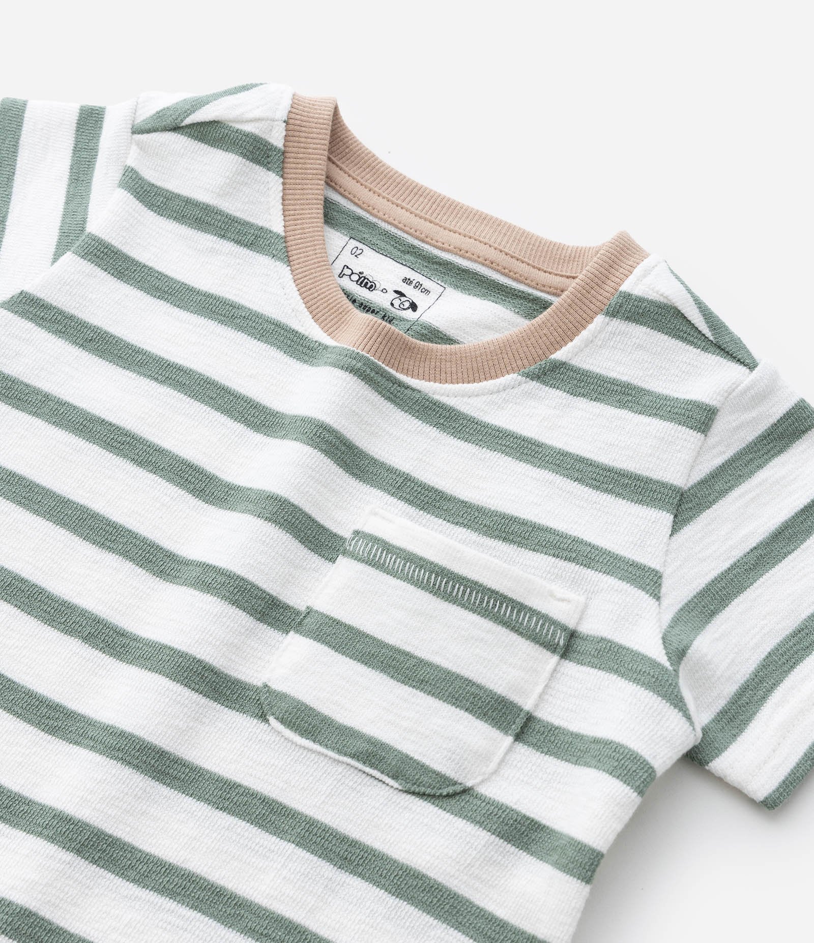 Camiseta Infantil com Bolsos e Estampa Listrada - Tam 1 a 6 Anos Branco/Verde 5