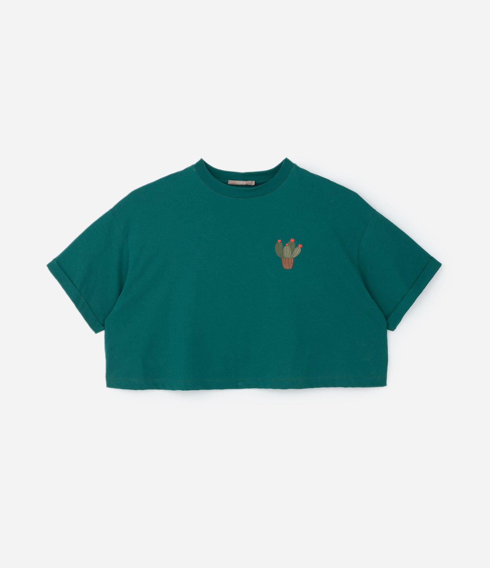 Blusa T-Shirt Cropped com Bordado de Cactus Curve & Plus Size Verde 3