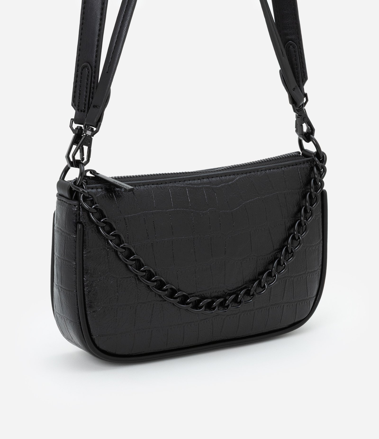 Bolsa Baguete Pequena com Textura Croco e Detalhe de Corrente com Alça Removível Preto 1