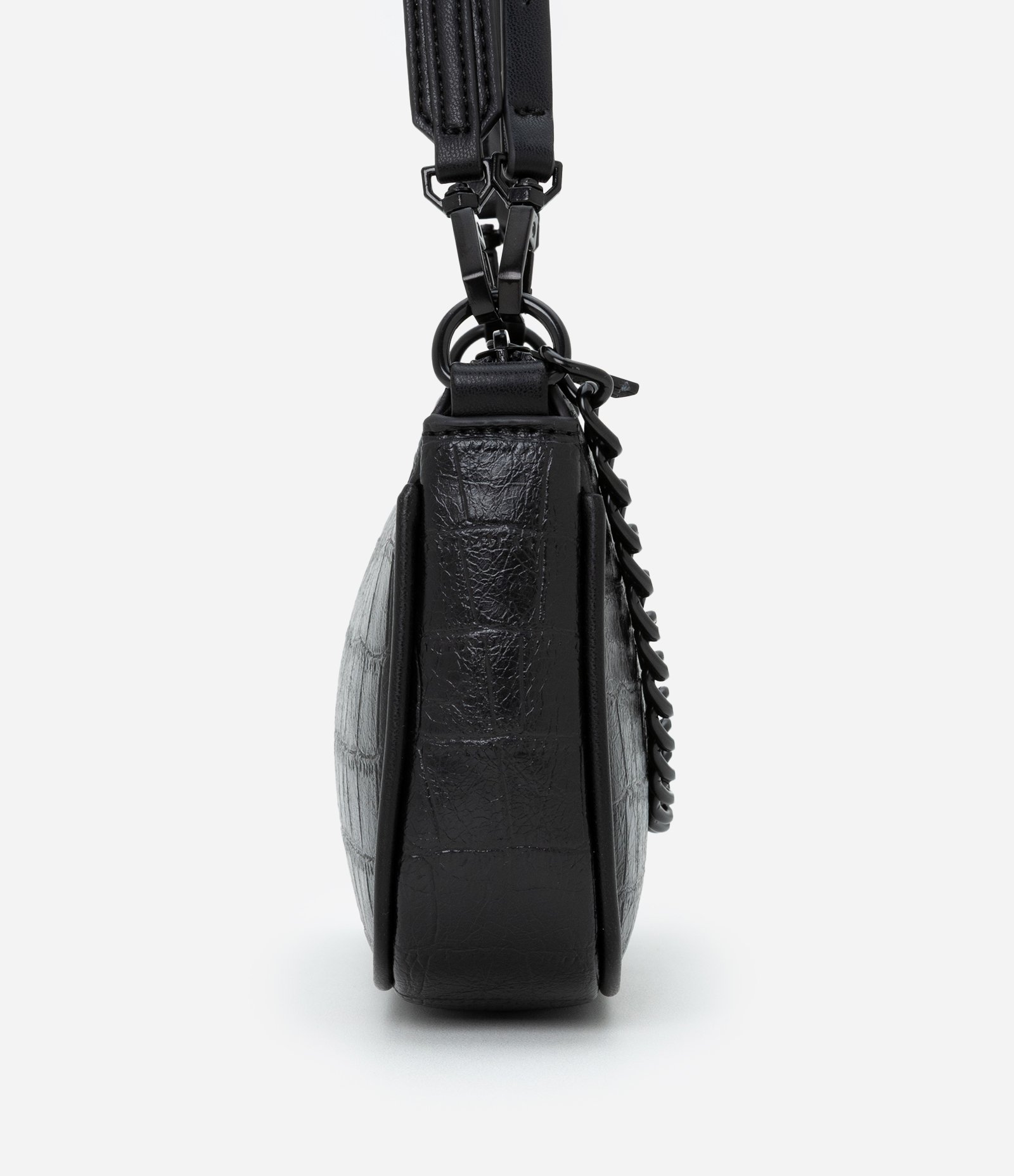 Bolsa Baguete Pequena com Textura Croco e Detalhe de Corrente com Alça Removível Preto 2
