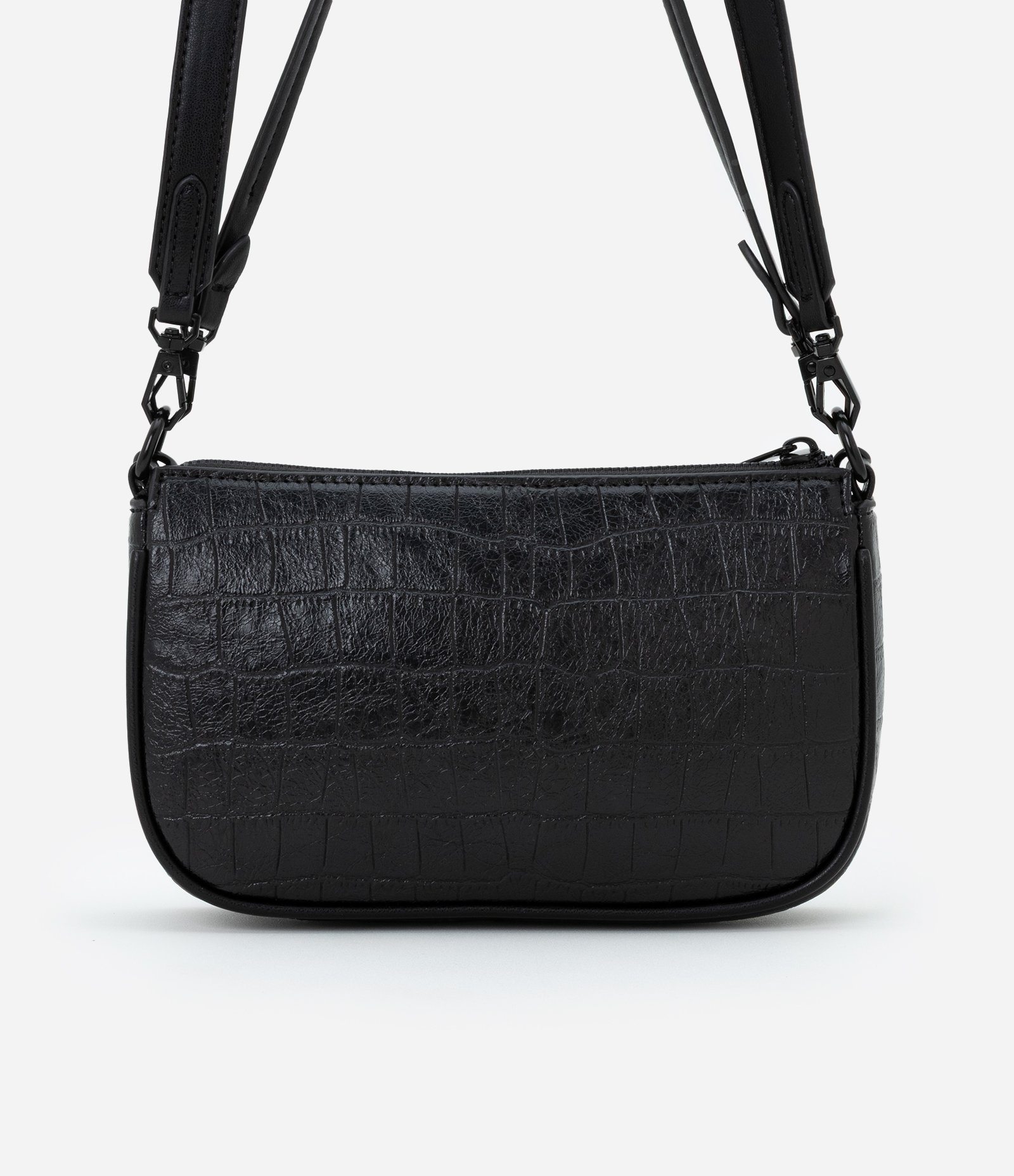 Bolsa Baguete Pequena com Textura Croco e Detalhe de Corrente com Alça Removível Preto 3