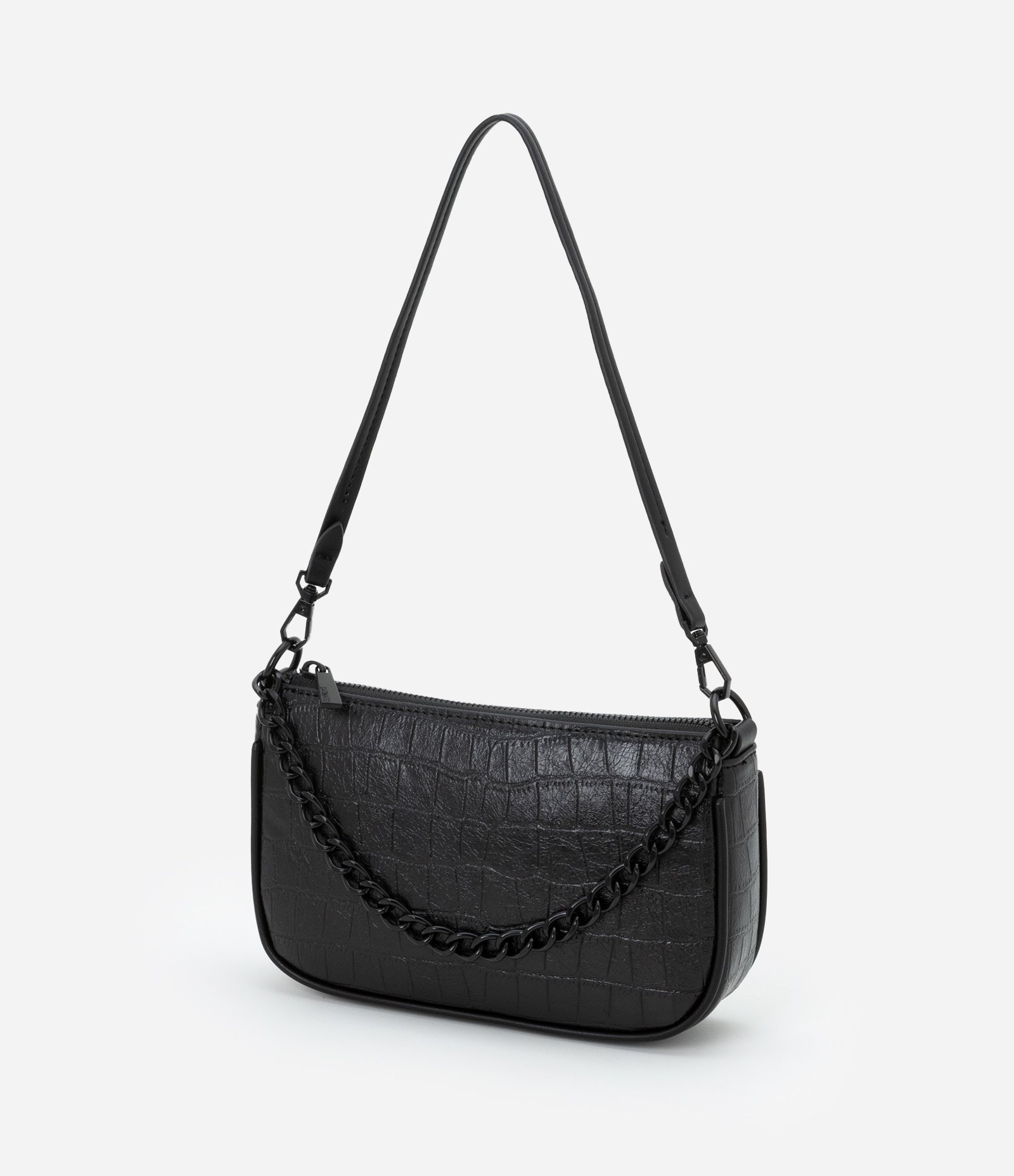Bolsa Baguete Pequena com Textura Croco e Detalhe de Corrente com Alça Removível Preto 4