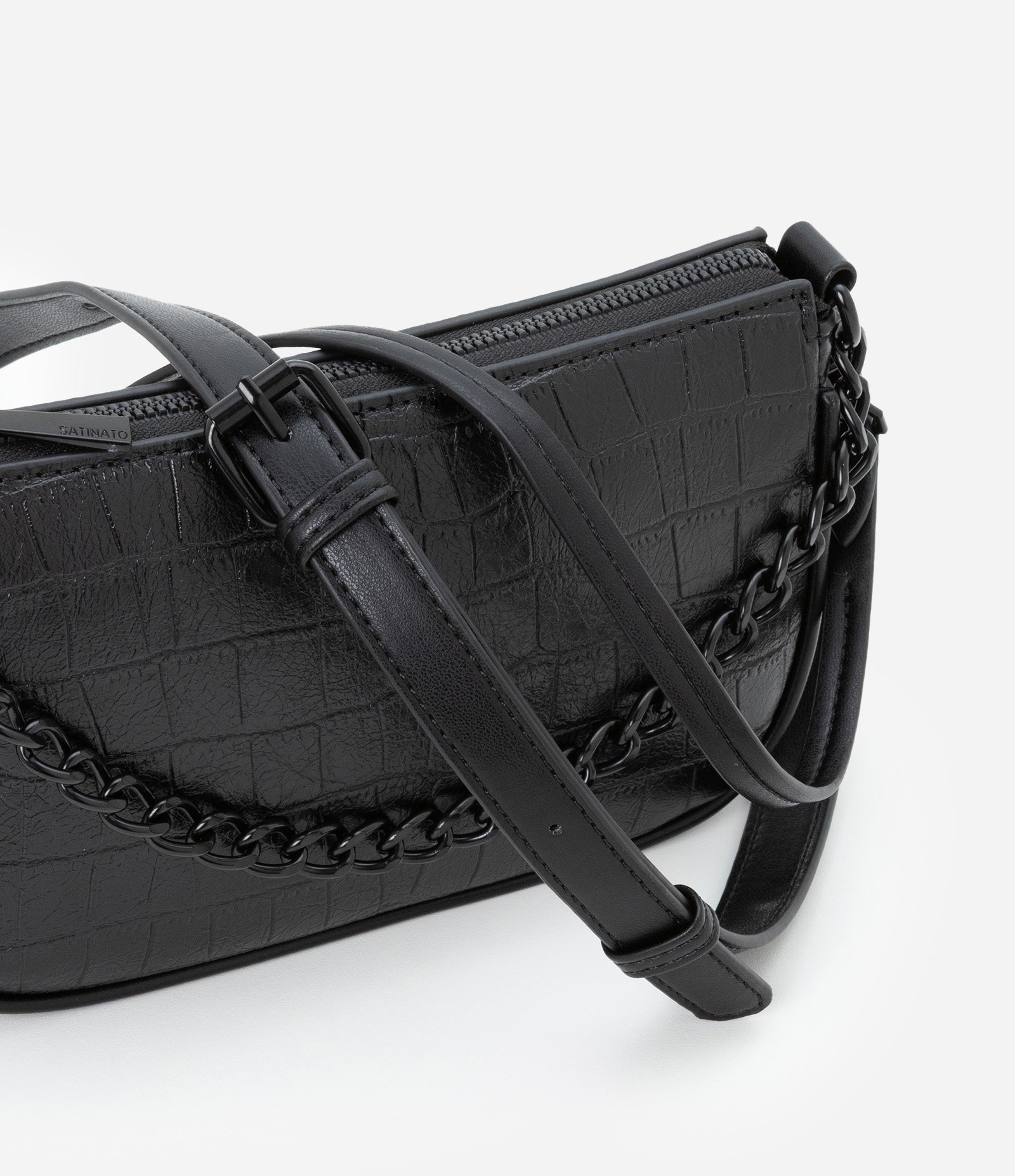 Bolsa Baguete Pequena com Textura Croco e Detalhe de Corrente com Alça Removível Preto 5