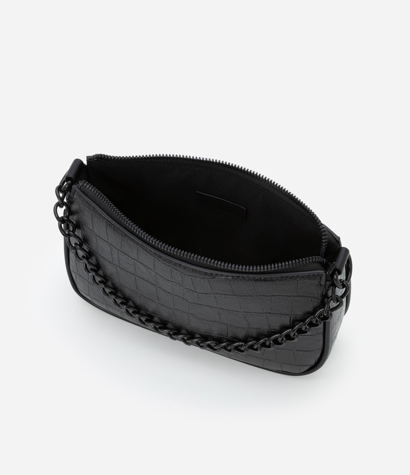 Bolsa Baguete Pequena com Textura Croco e Detalhe de Corrente com Alça Removível Preto 6