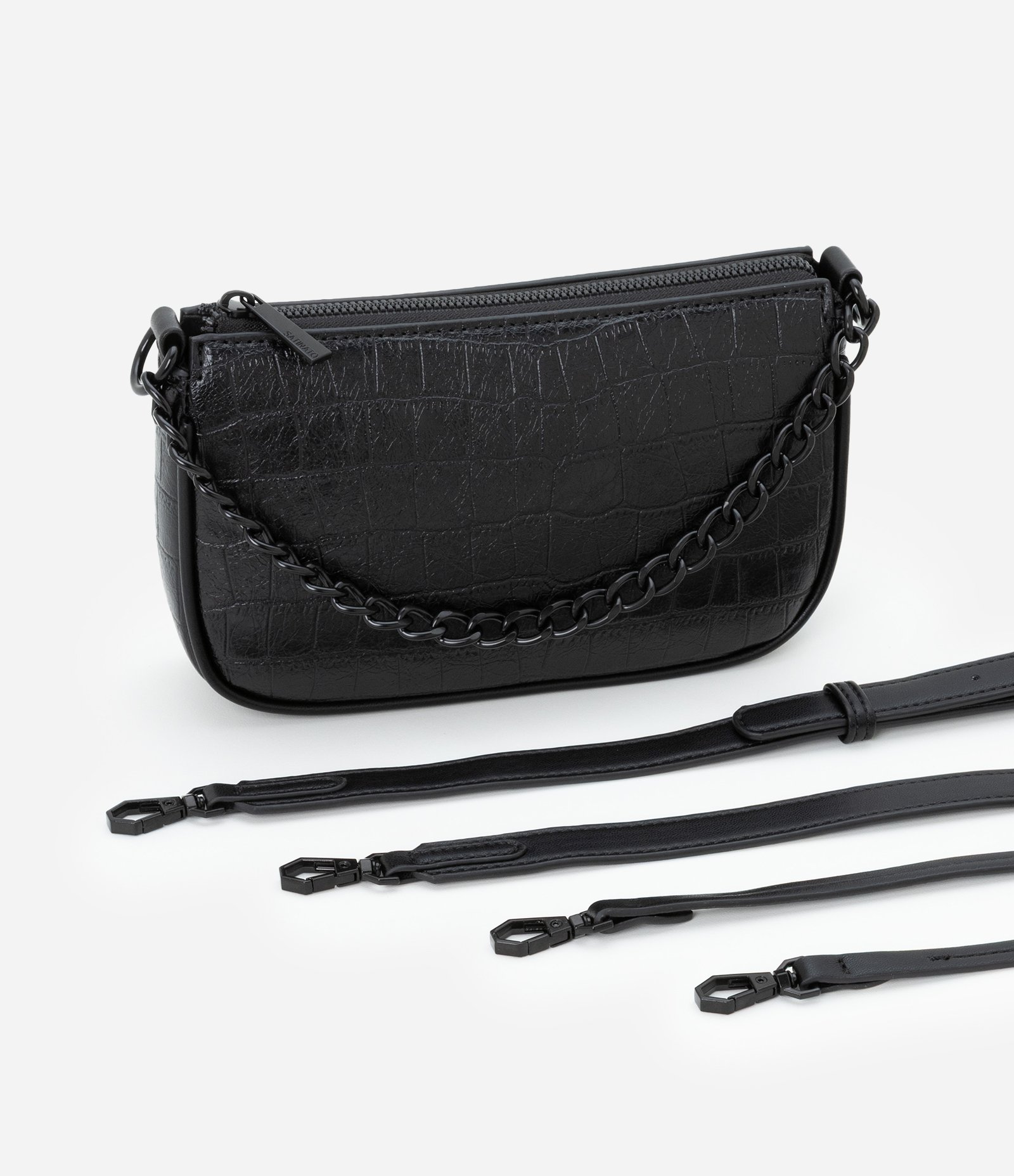 Bolsa Baguete Pequena com Textura Croco e Detalhe de Corrente com Alça Removível Preto 7