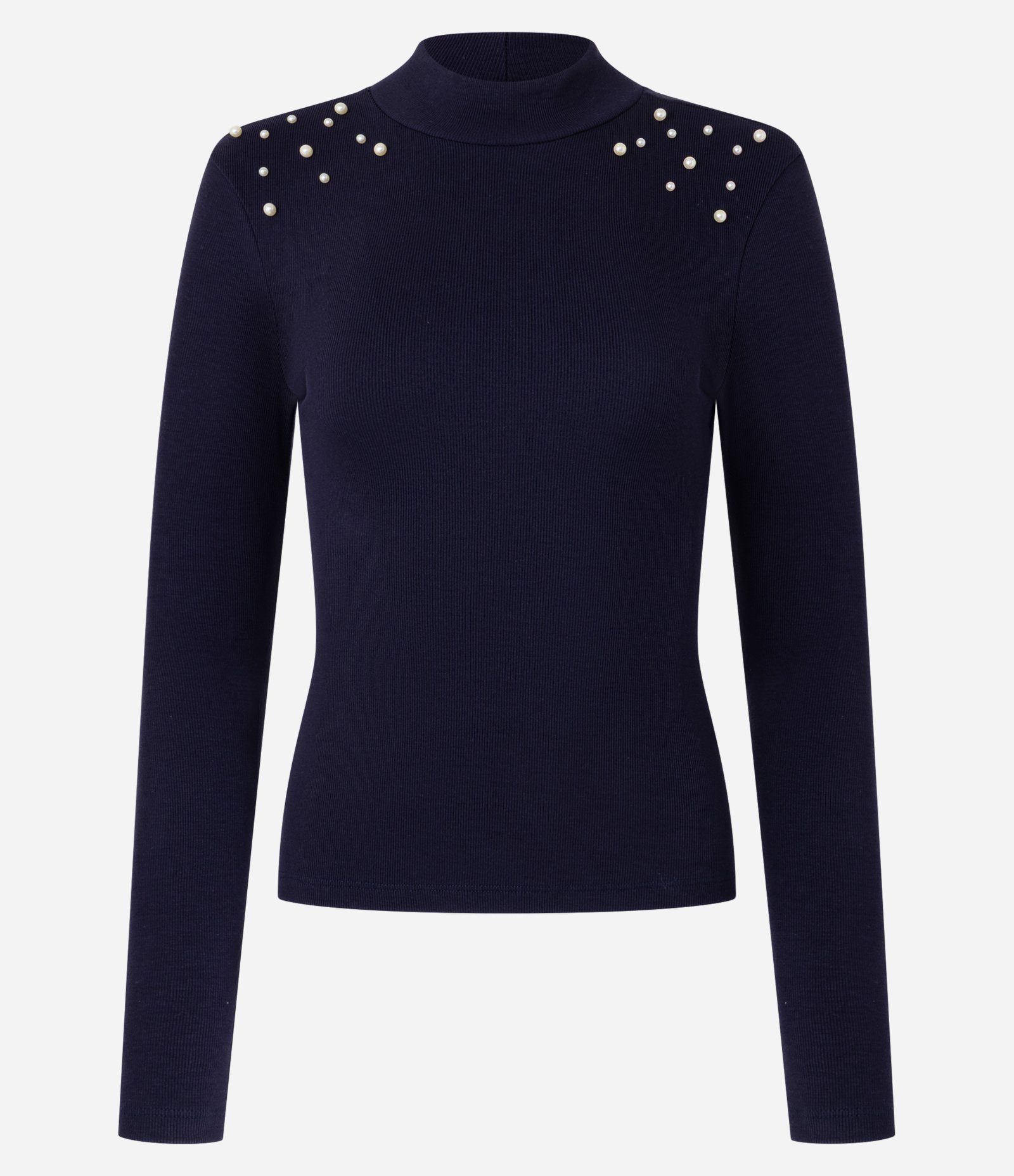 Blusa em Ribana com Golinha Alta e Pérolas nos Ombros Azul 5