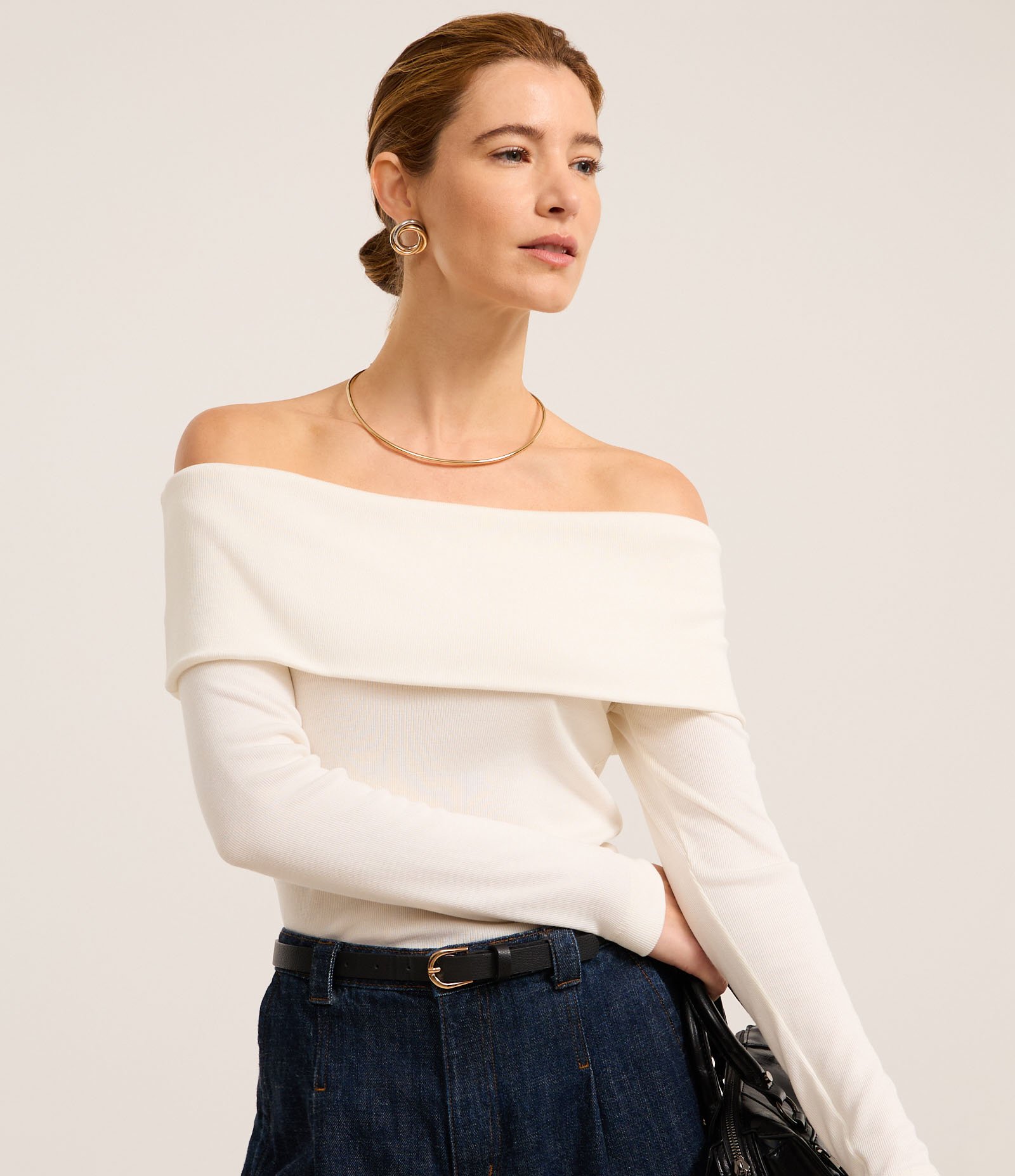 Blusa Ombro a Ombro em Ribana Canelada com Pala Virada Branco 1