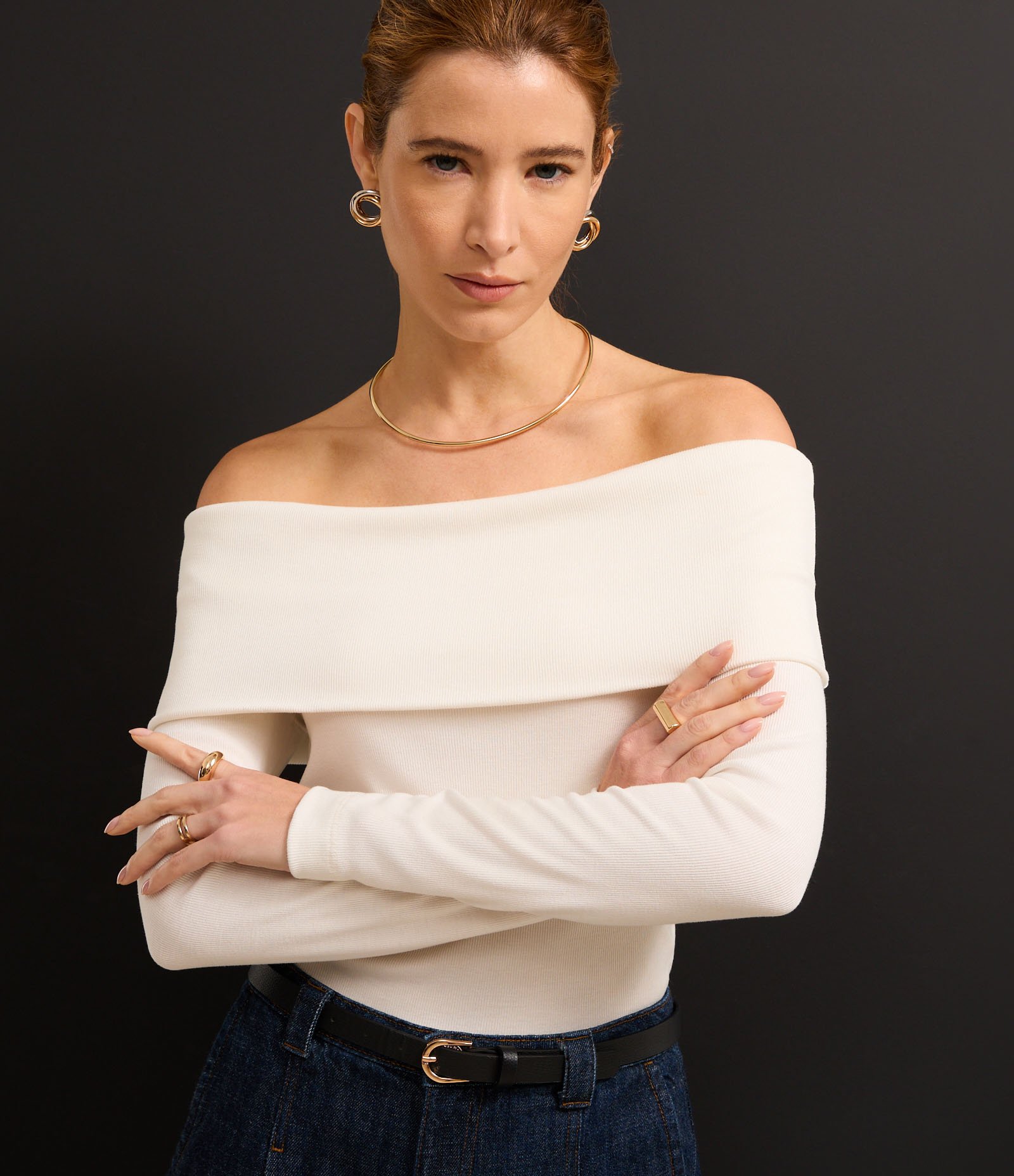 Blusa Ombro a Ombro em Ribana Canelada com Pala Virada Branco 4