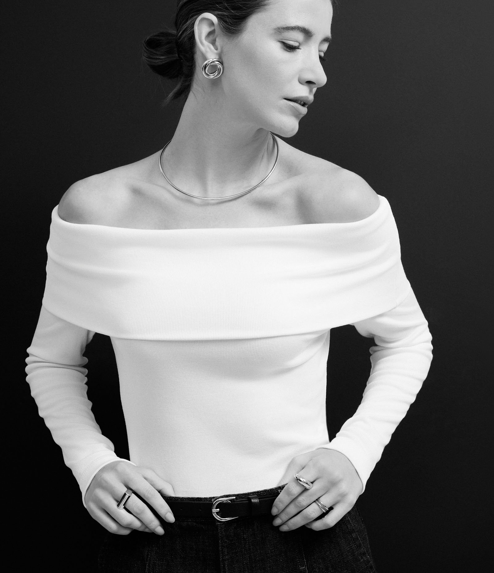 Blusa Ombro a Ombro em Ribana Canelada com Pala Virada Branco 7