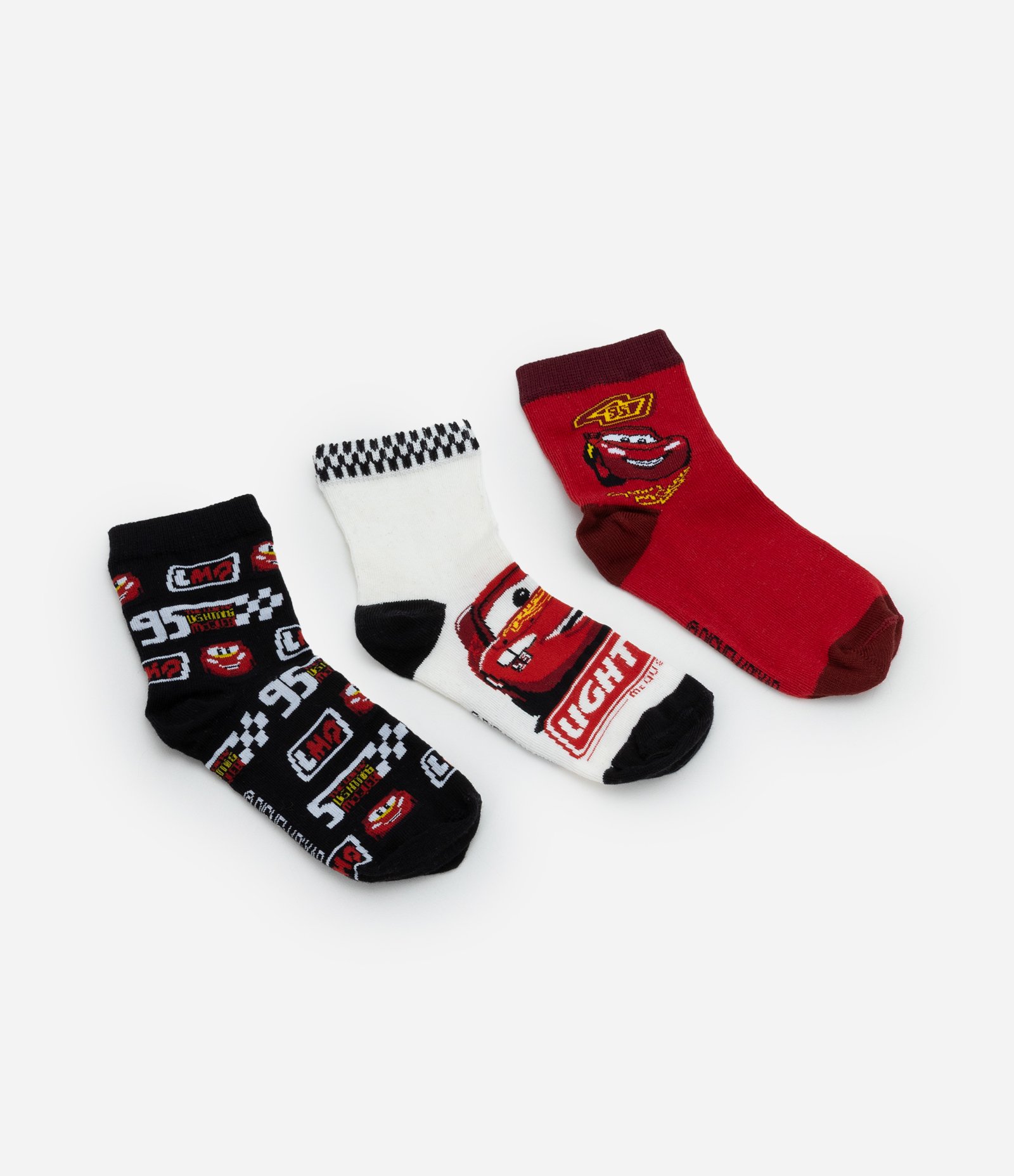 Kit 03 Meias Infantis com Estampado Carros - Tam 19 a 30 Preto/Branco/Vermelho 1