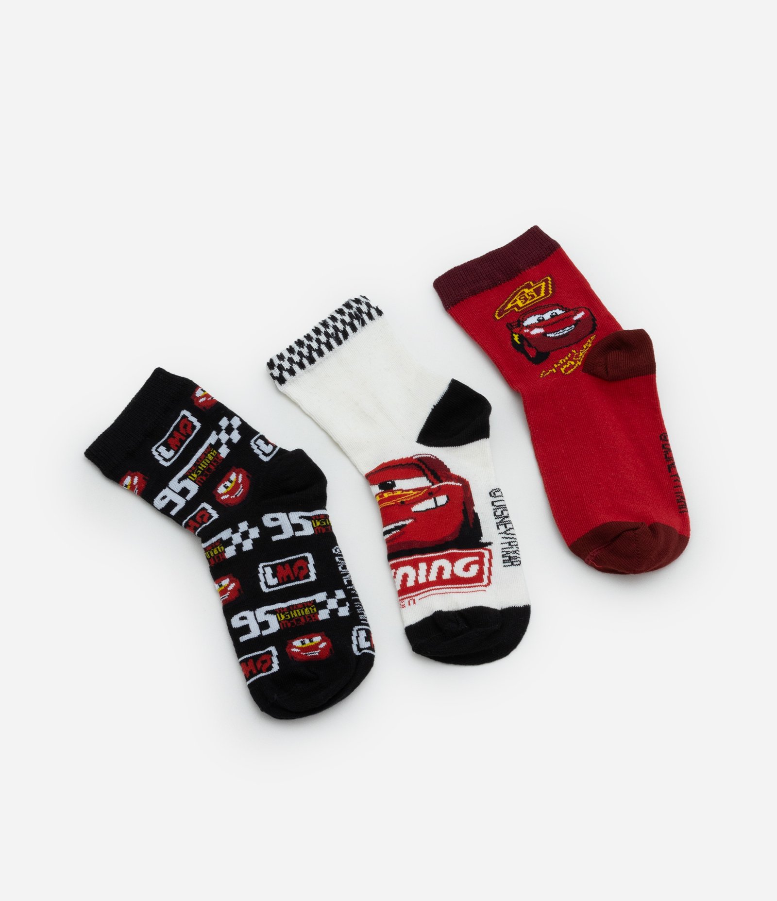 Kit 03 Meias Infantis com Estampado Carros - Tam 19 a 30 Preto/Branco/Vermelho 2