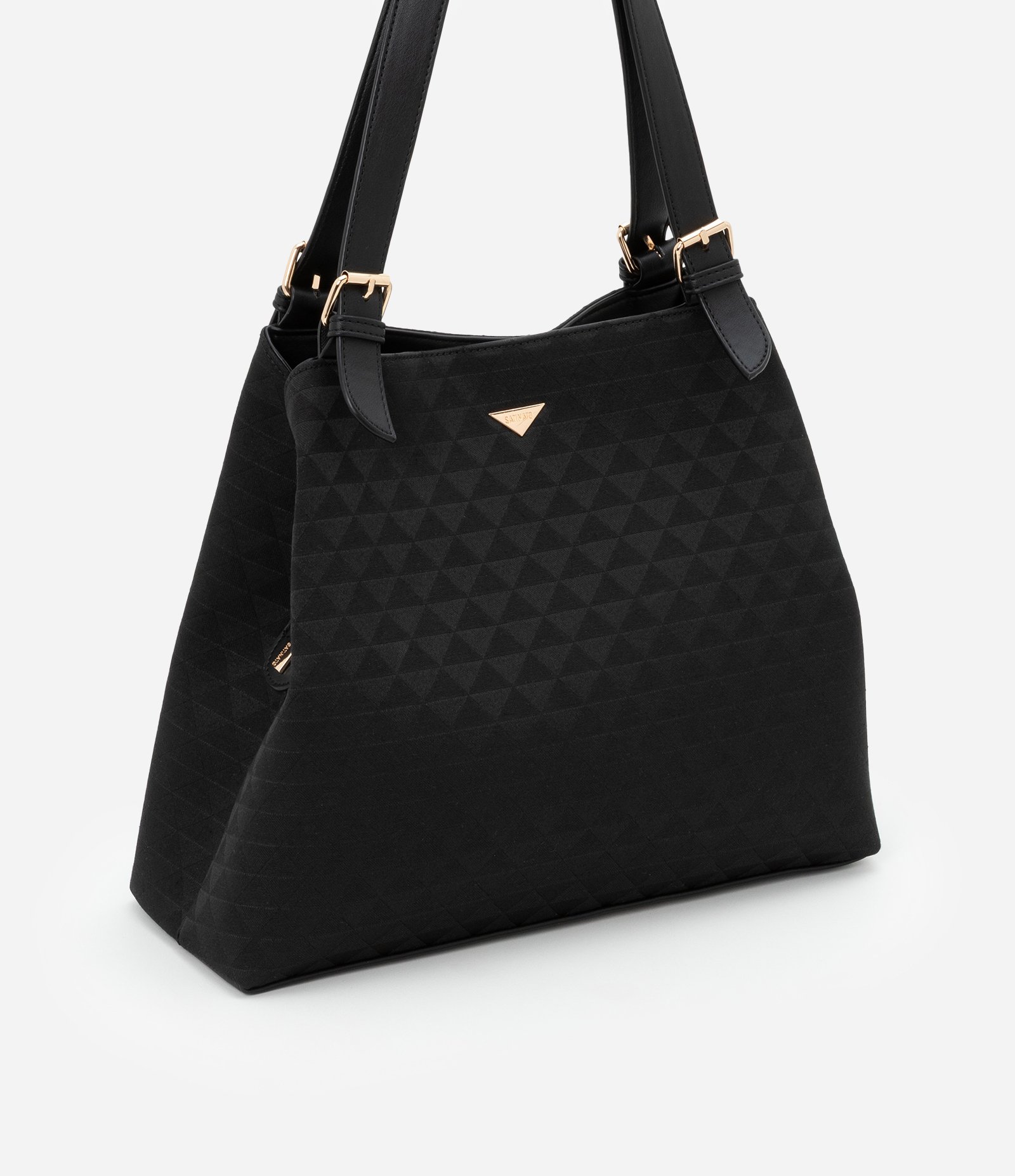 Bolsa Hobo Grande com Textura Embossed Jacquard e Triângulos Preto 2