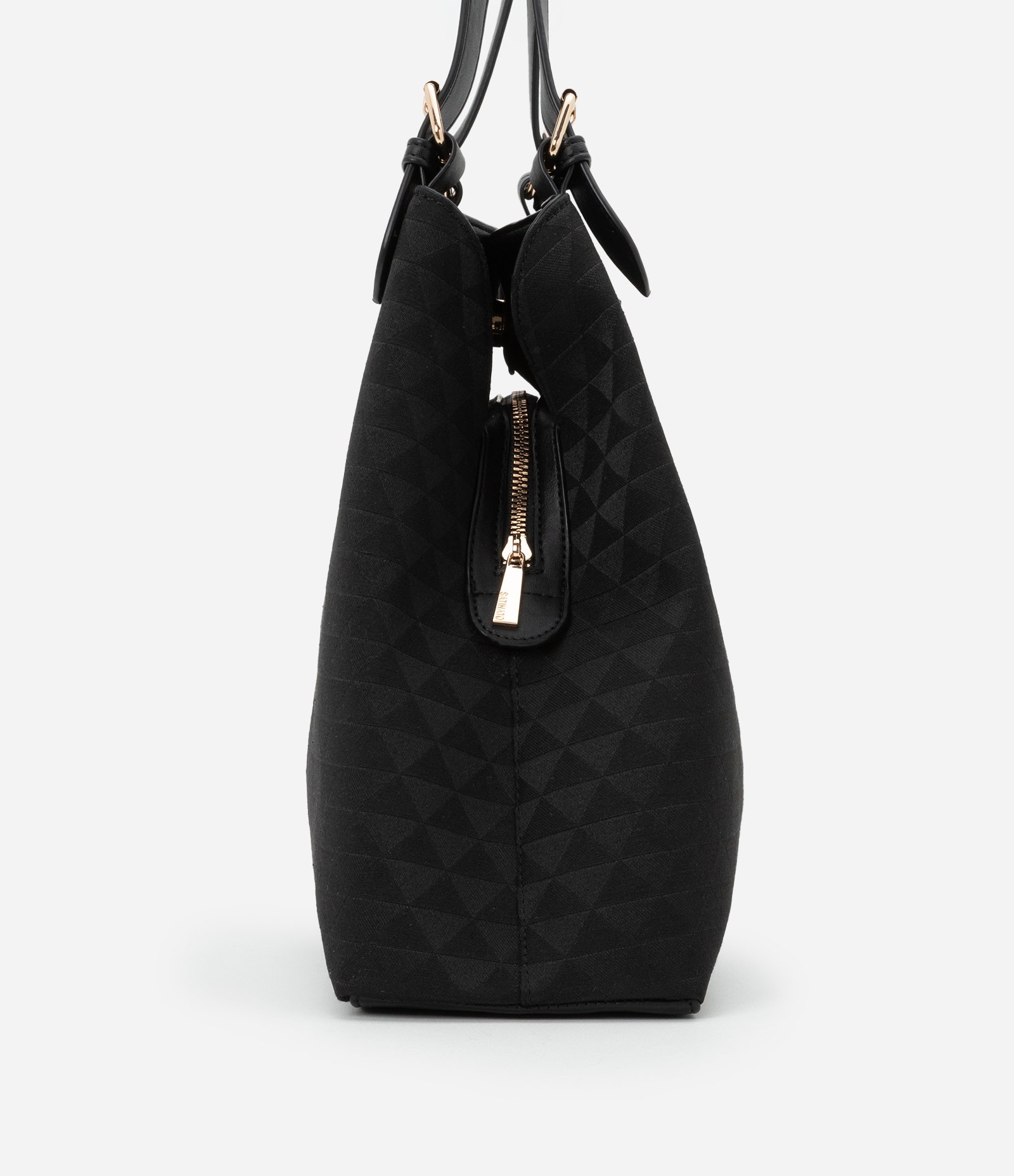 Bolsa Hobo Grande com Textura Embossed Jacquard e Triângulos Preto 3