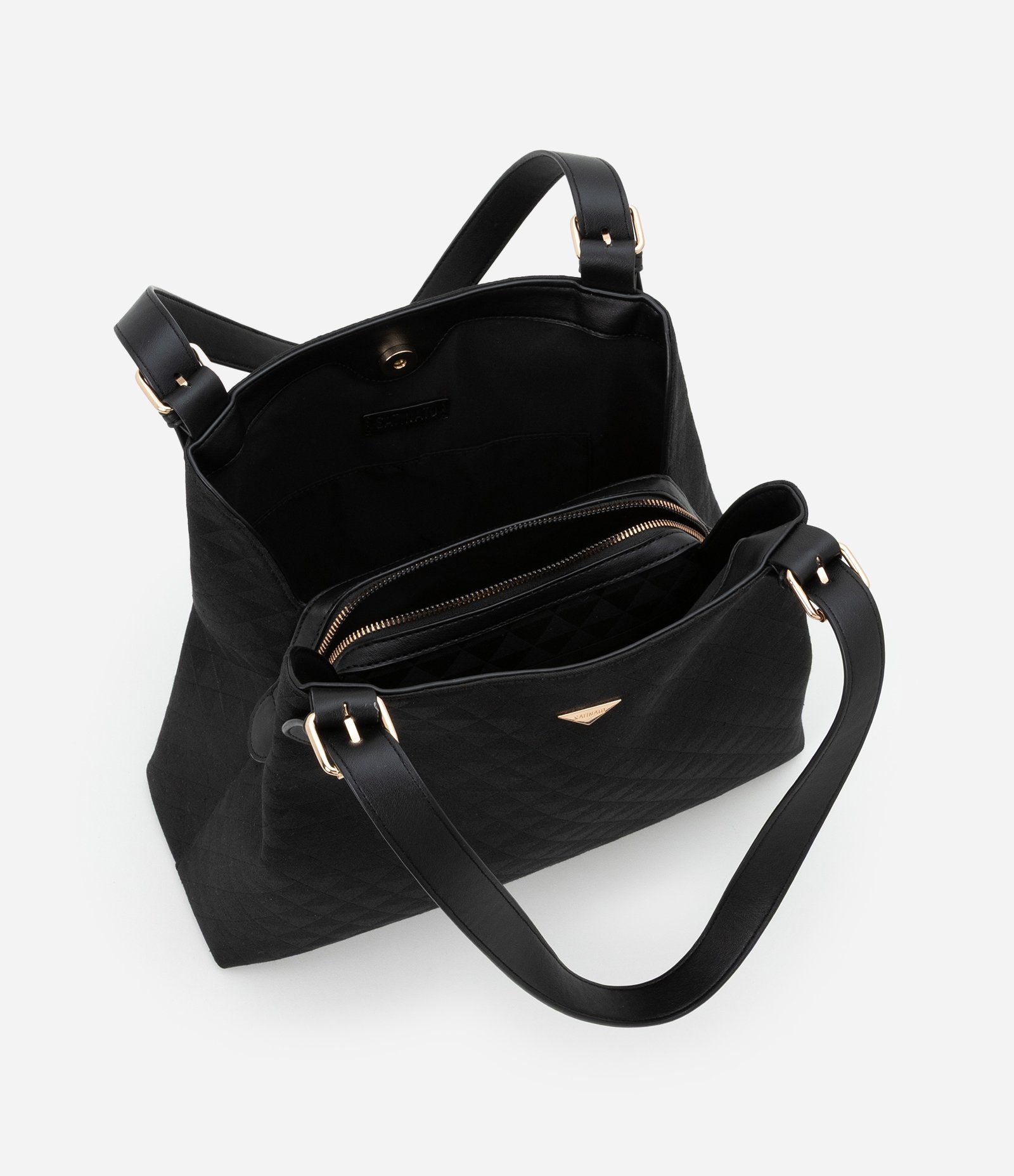 Bolsa Hobo Grande com Textura Embossed Jacquard e Triângulos Preto 6