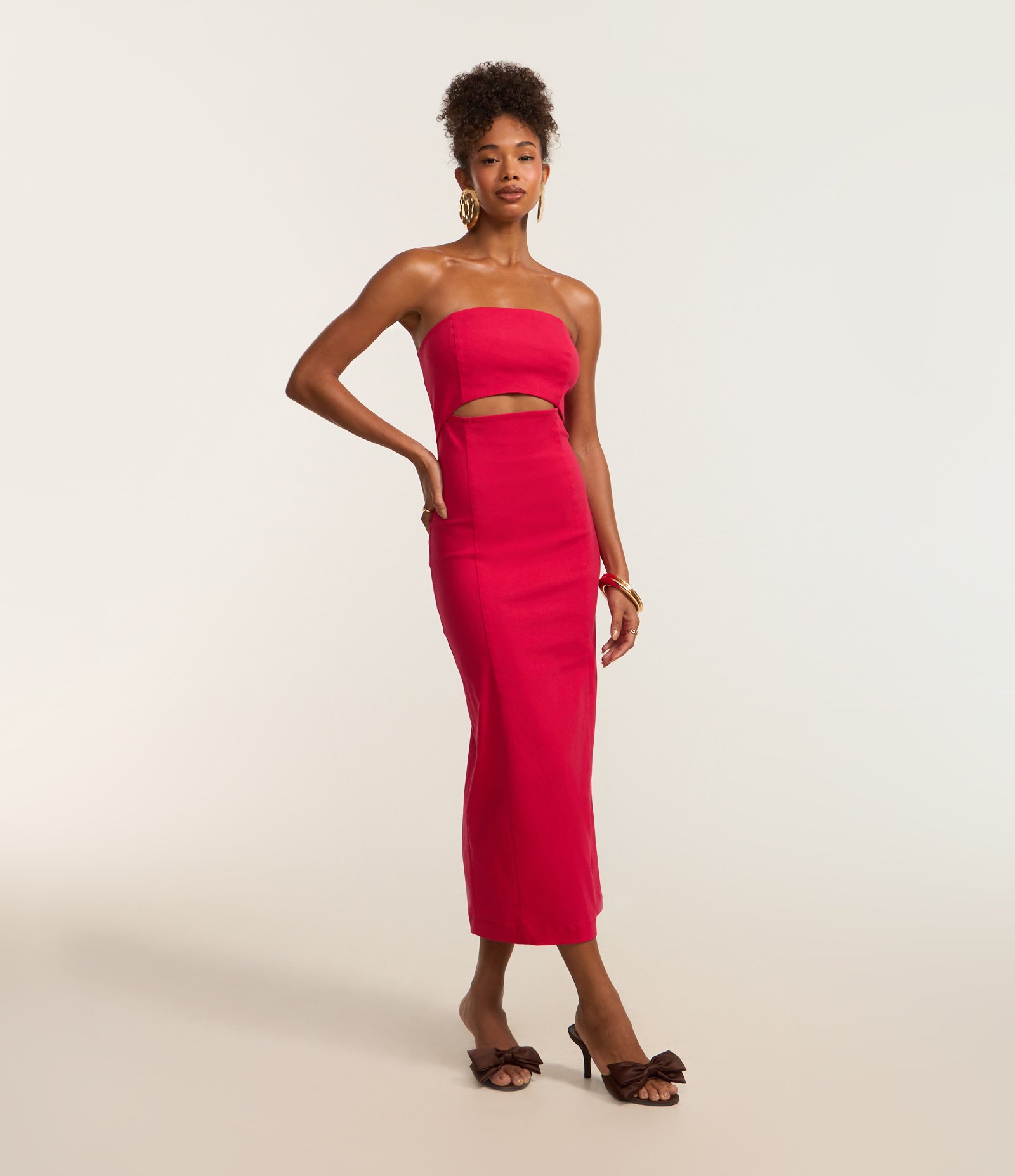 Vestido New Midi em Bengaline com Recorte Frontal e Fenda Rosa Avermelhado 1