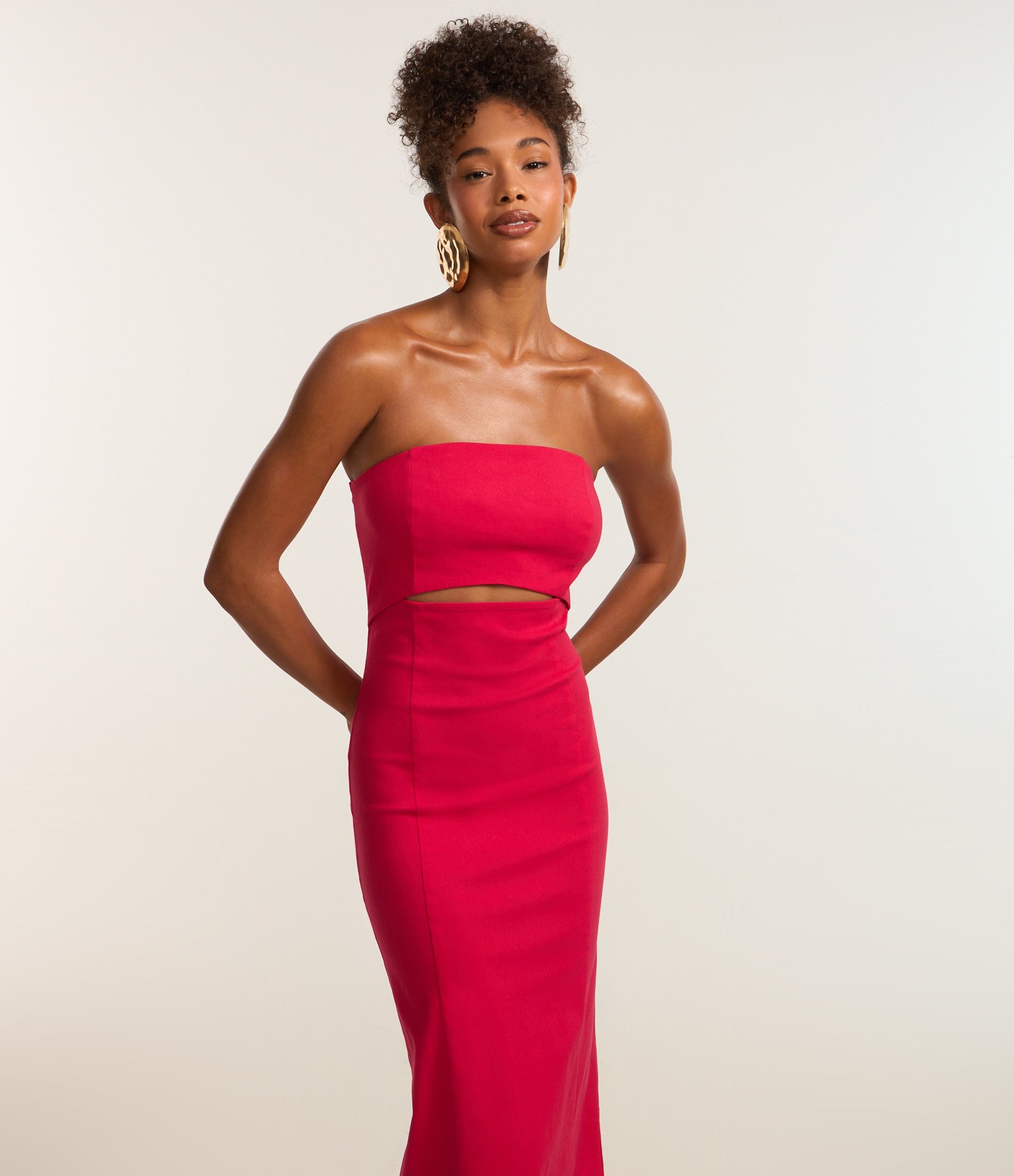 Vestido New Midi em Bengaline com Recorte Frontal e Fenda Rosa Avermelhado 2