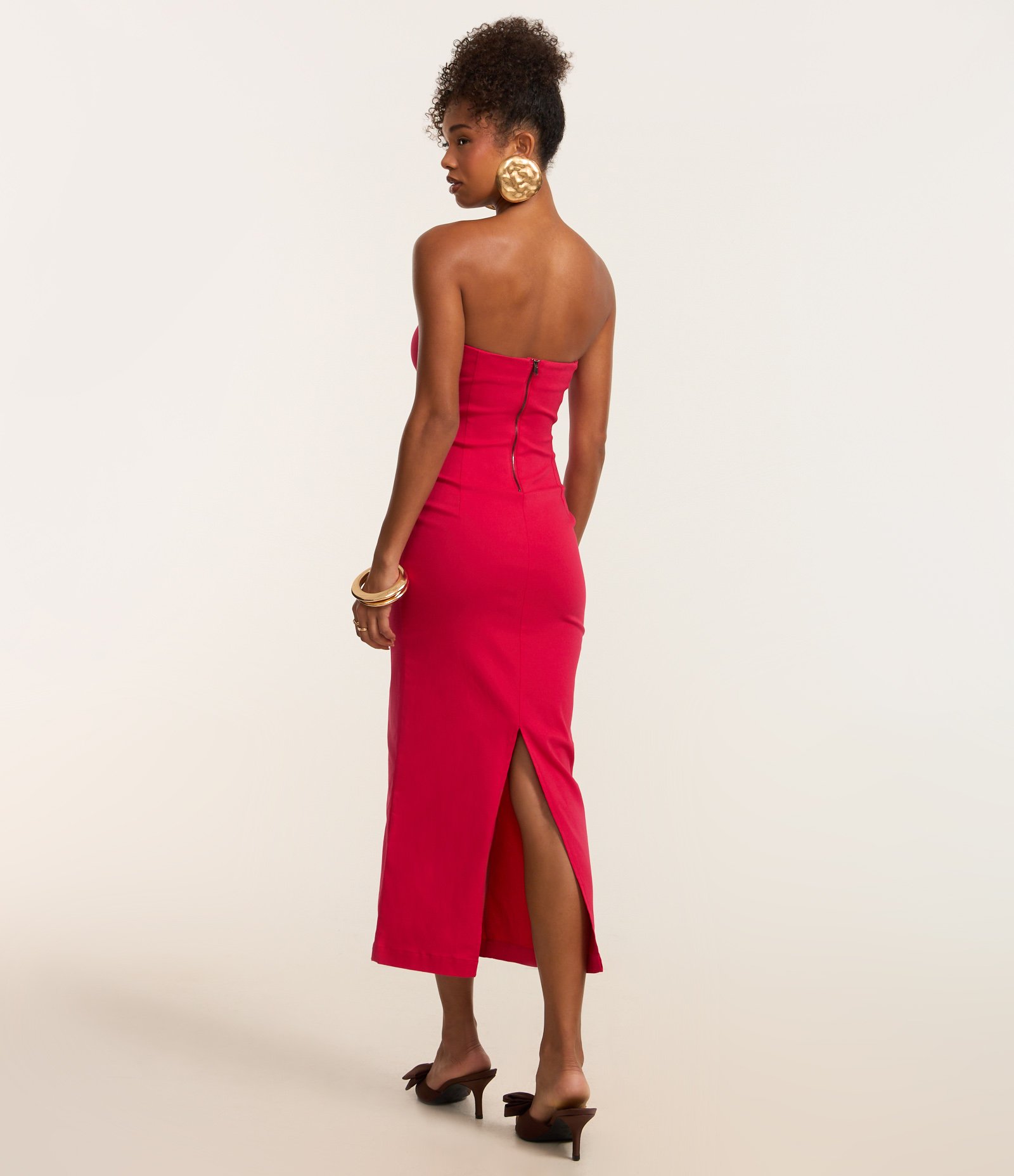 Vestido New Midi em Bengaline com Recorte Frontal e Fenda Rosa Avermelhado 4