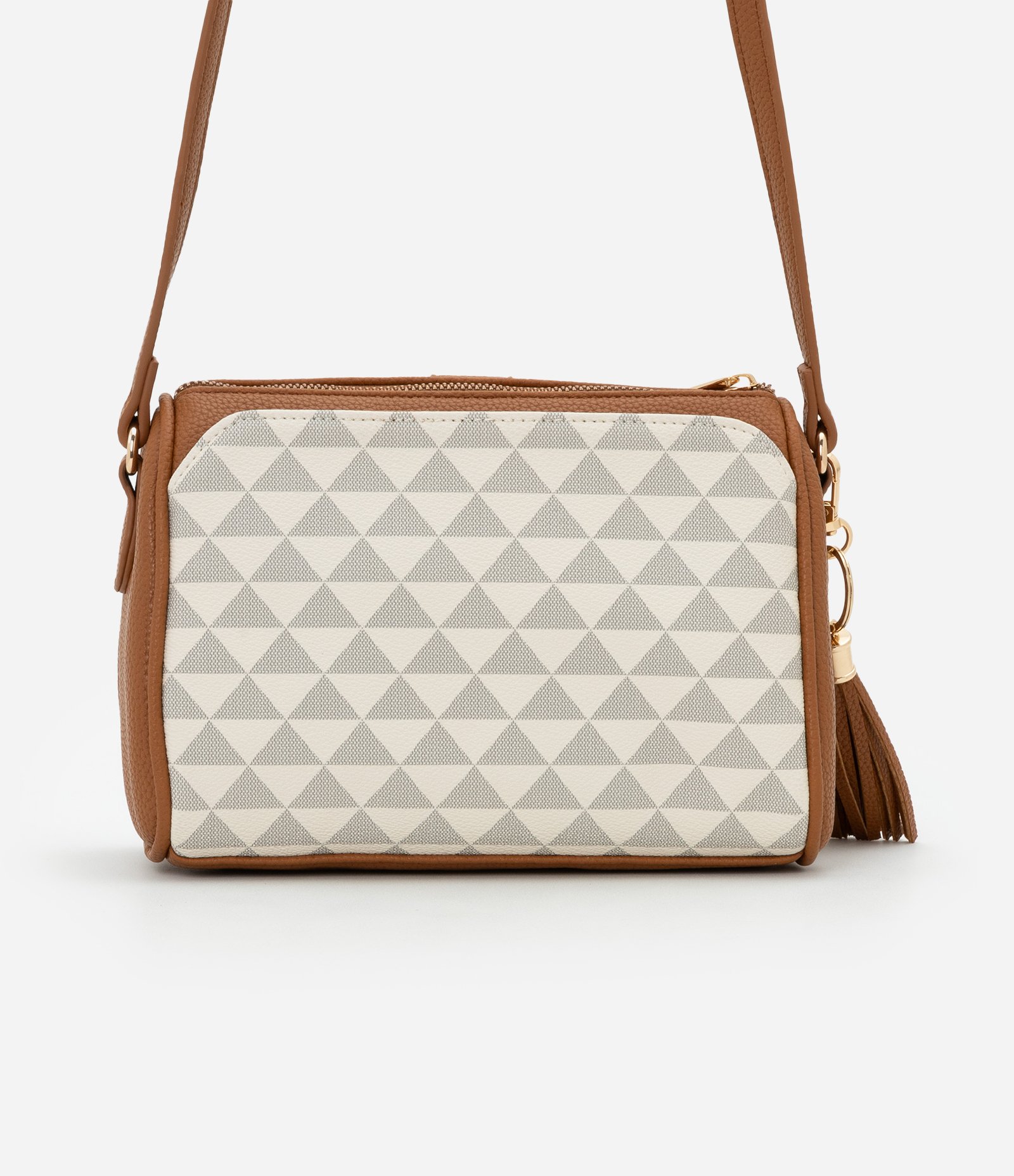 Bolsa Transversal Média Fechamento por Lapela e Chaveiro Off White/Marrom 4