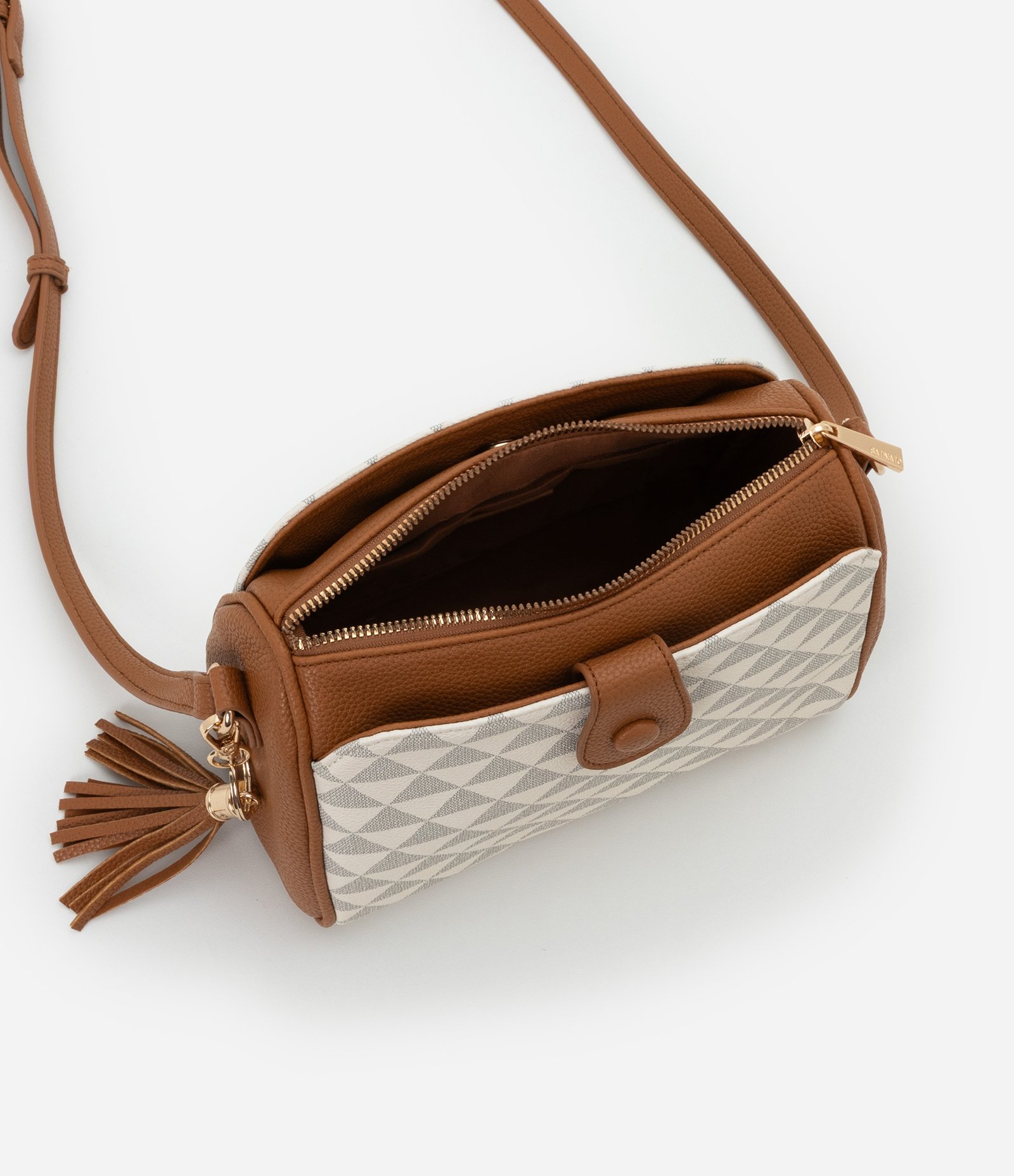 Bolsa Transversal Média Fechamento por Lapela e Chaveiro Off White/Marrom 5