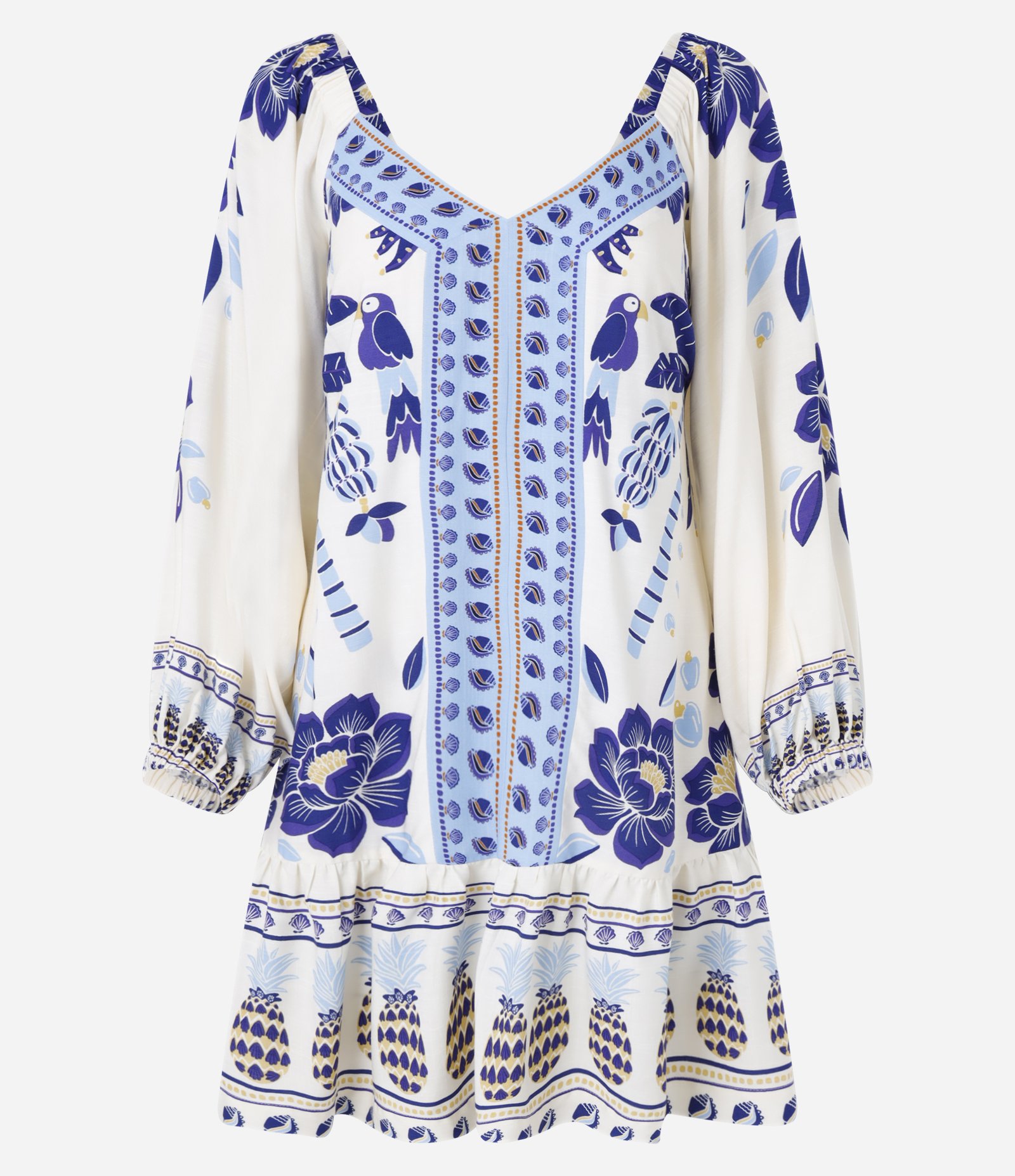 Vestido Curto em Chalis com Estampa Tropical e Decote V Bege 5