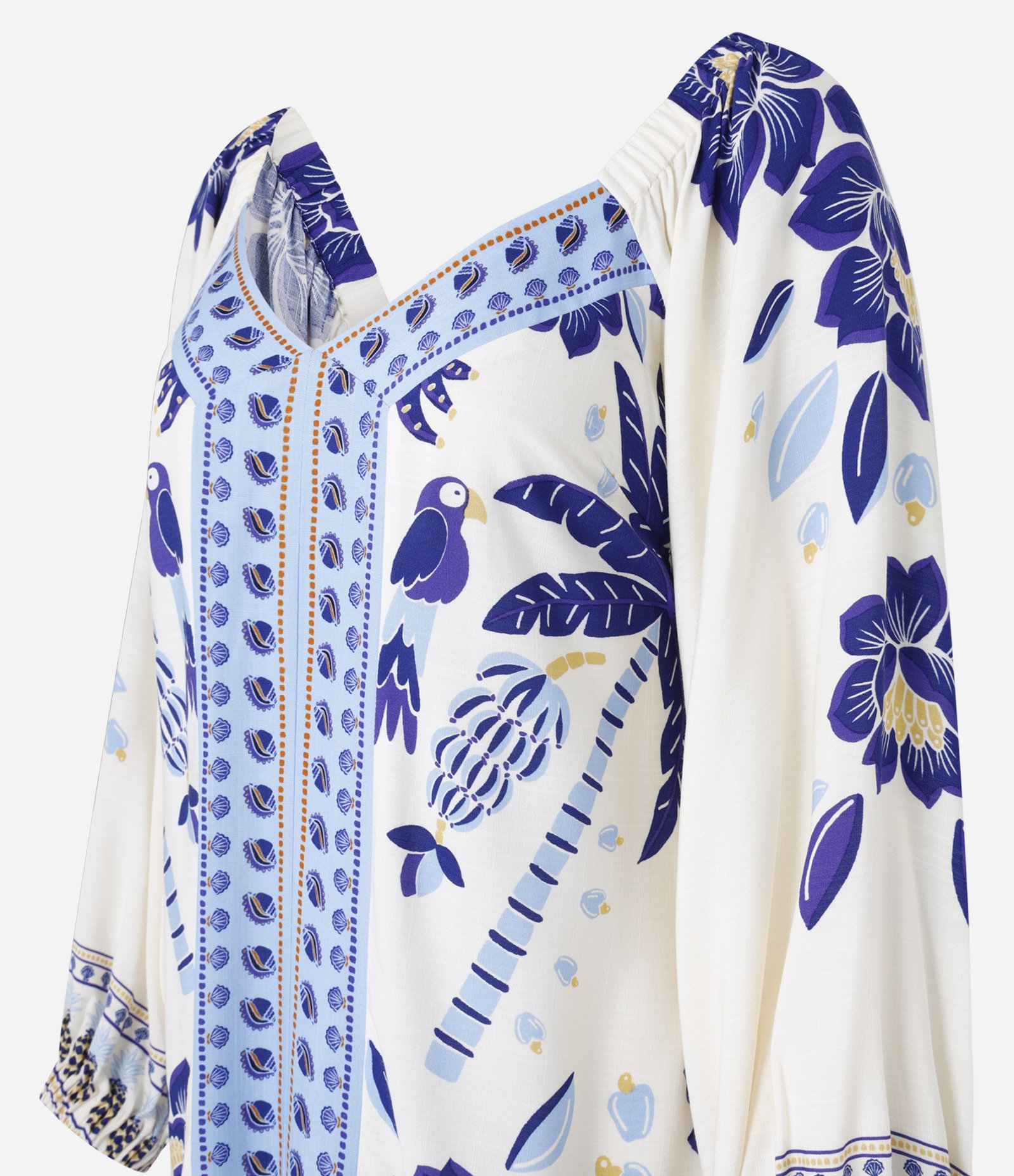 Vestido Curto em Chalis com Estampa Tropical e Decote V Bege 6