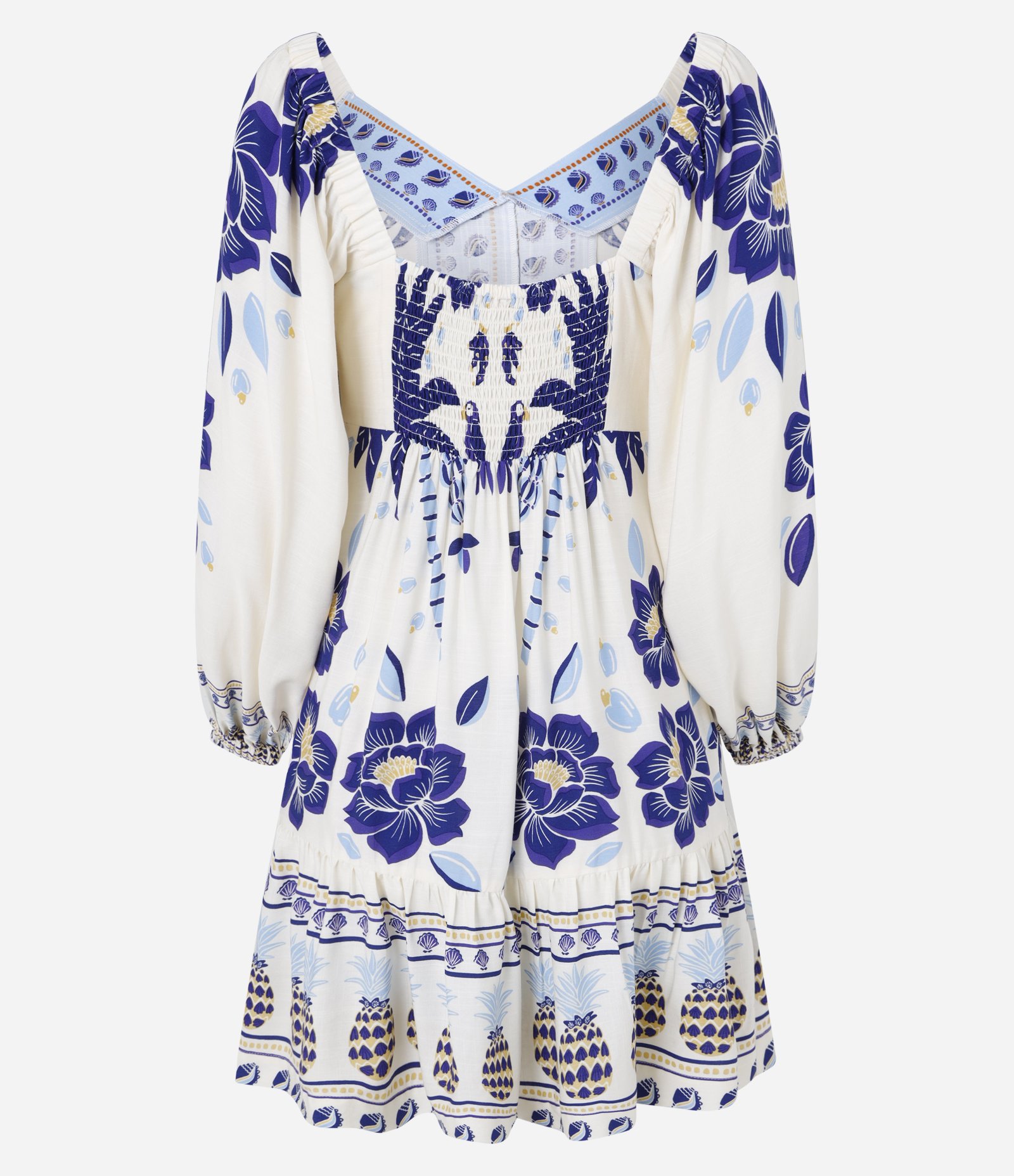 Vestido Curto em Chalis com Estampa Tropical e Decote V Bege 7