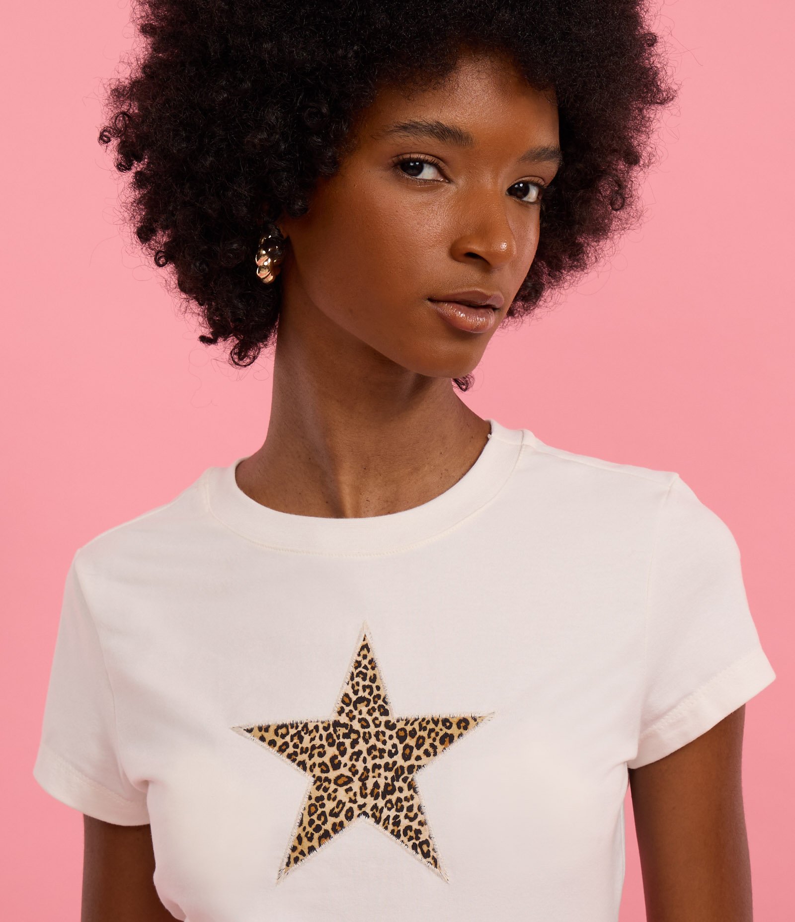 Blusa New T-shirt em Algodão com Estampa de Estrela Animal Print Branco 3