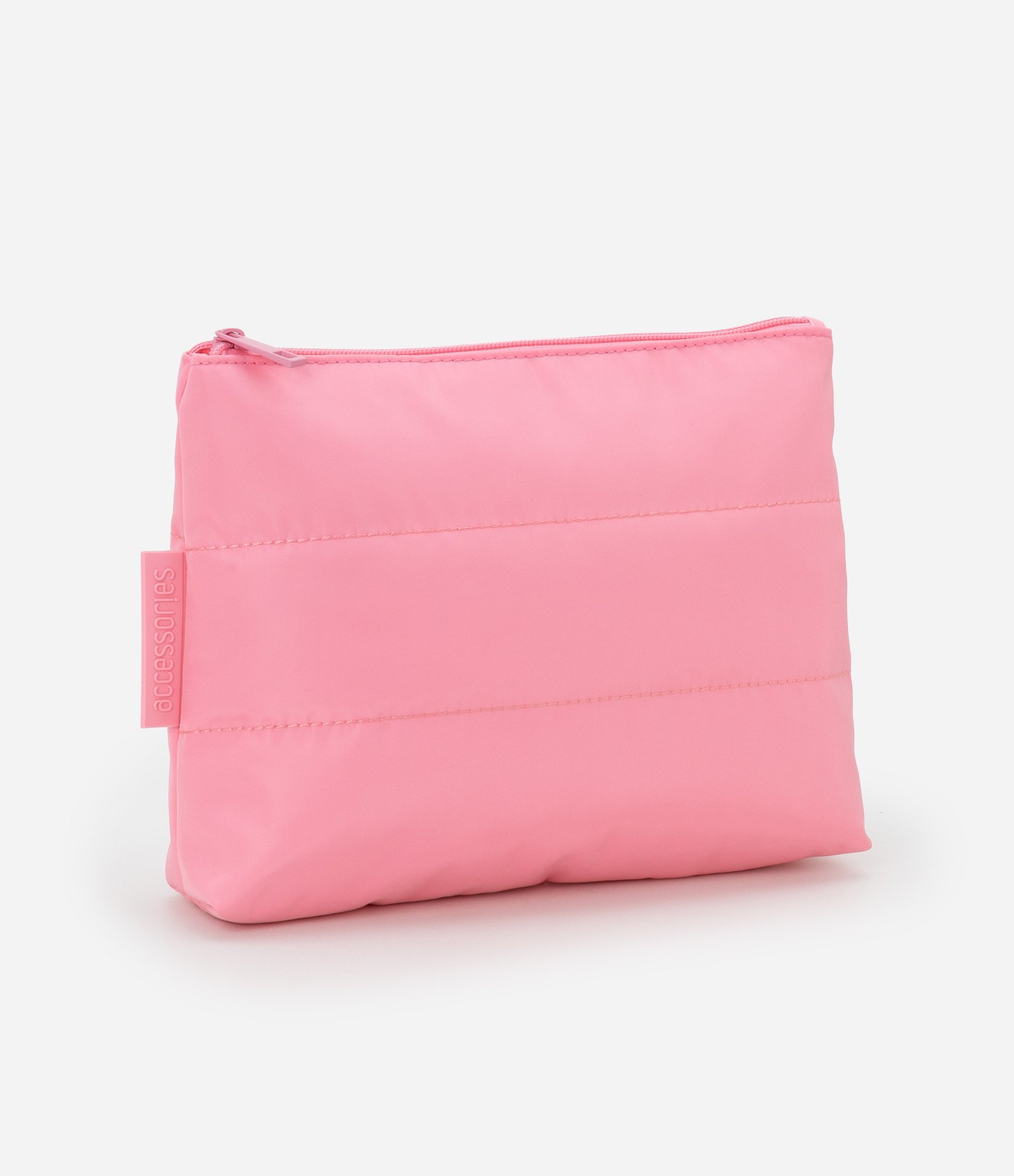 Nécessaire Trapézio com Etiqueta Embossed e Pespontos Rosa 1