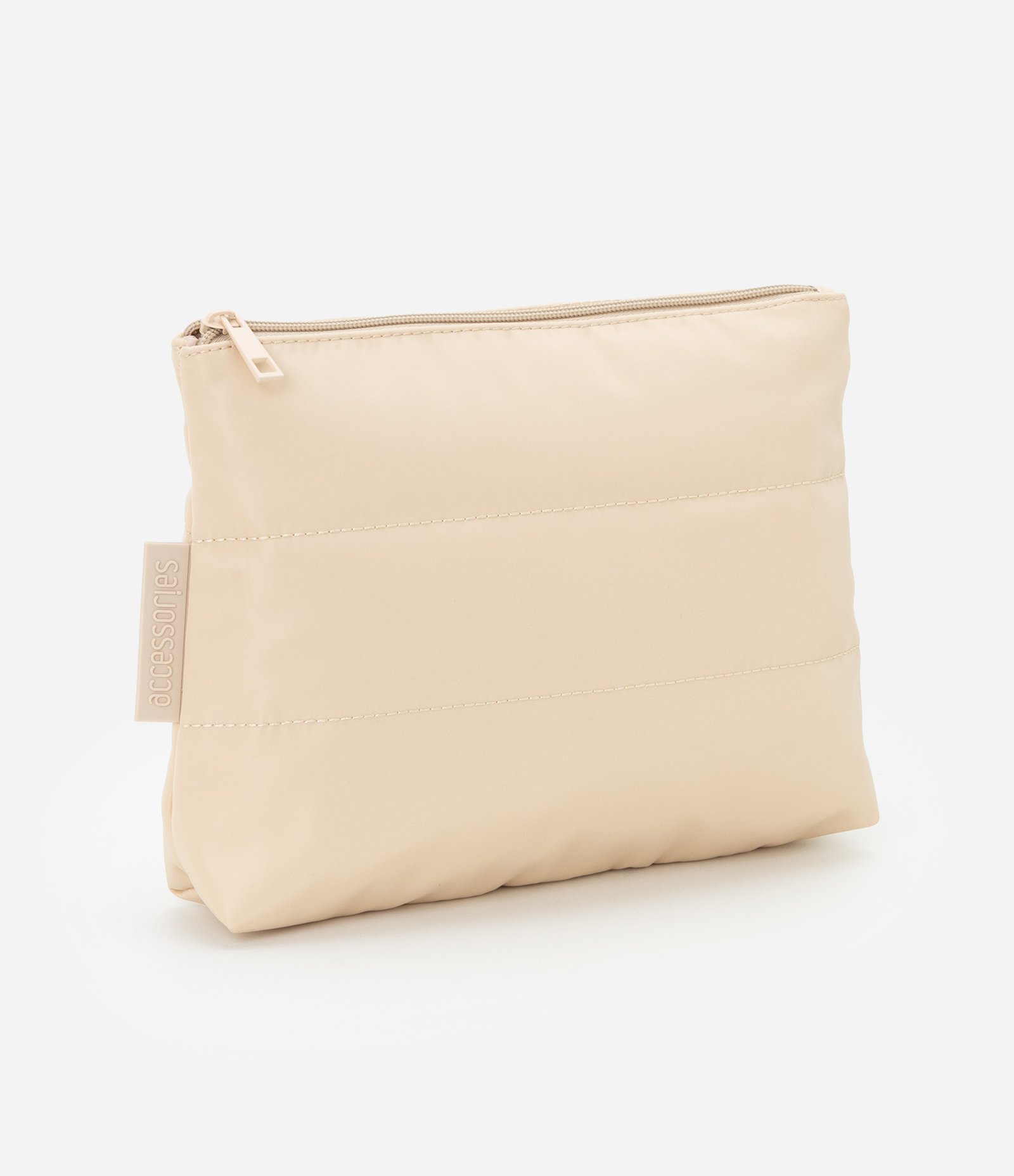 Nécessaire Trapézio com Etiqueta Embossed e Pespontos Bege 1