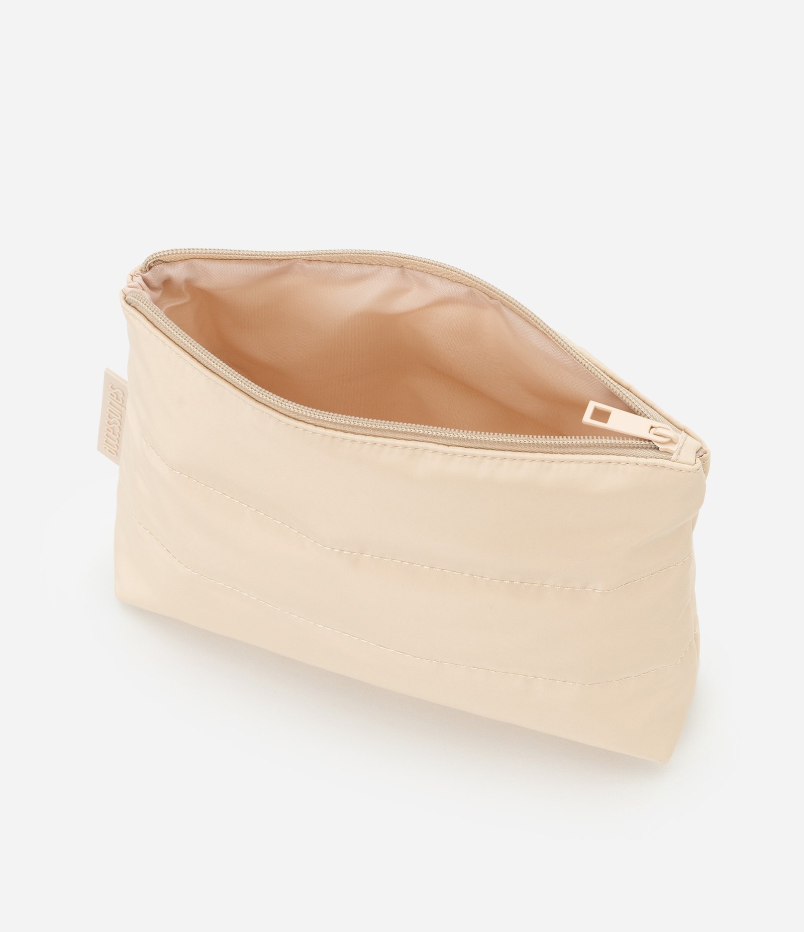 Nécessaire Trapézio com Etiqueta Embossed e Pespontos Bege 4