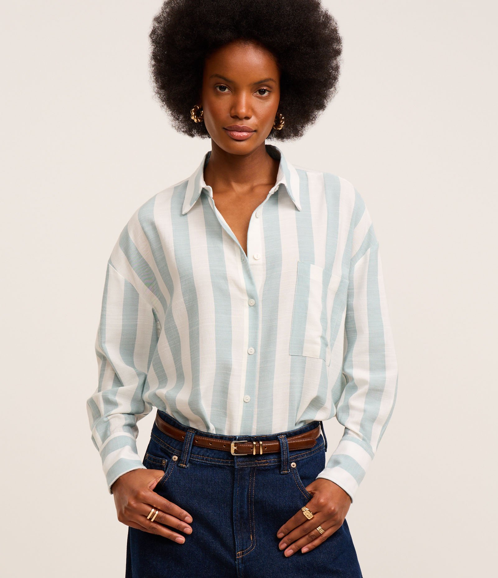 Camisa Oversized em Tricoline com Listras Largas Verde/Branco 1