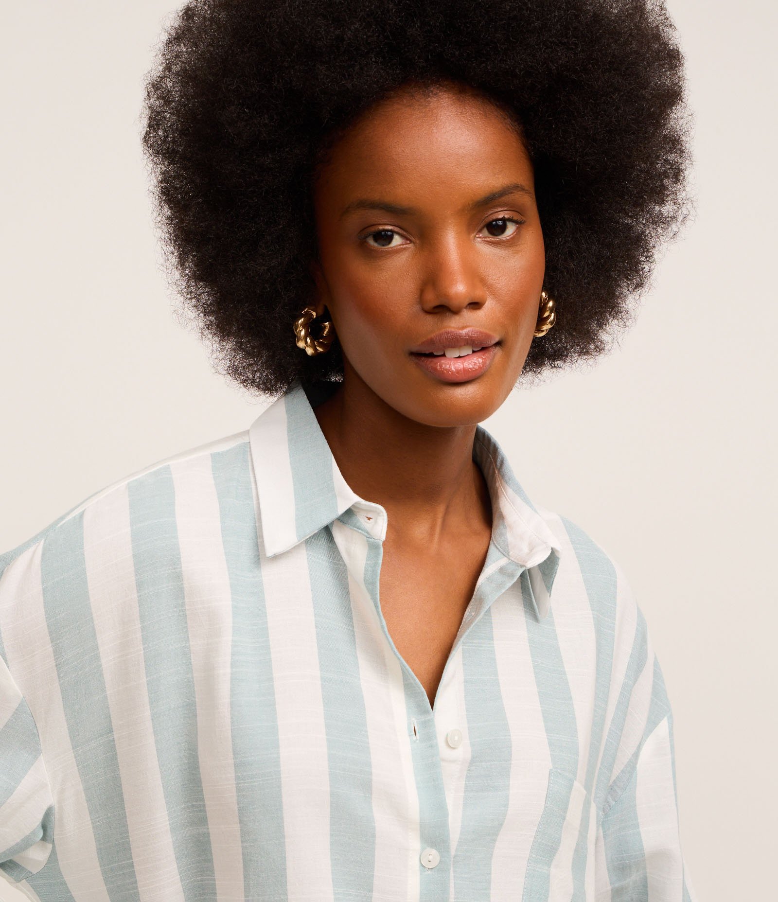 Camisa Oversized em Tricoline com Listras Largas Verde/Branco 3