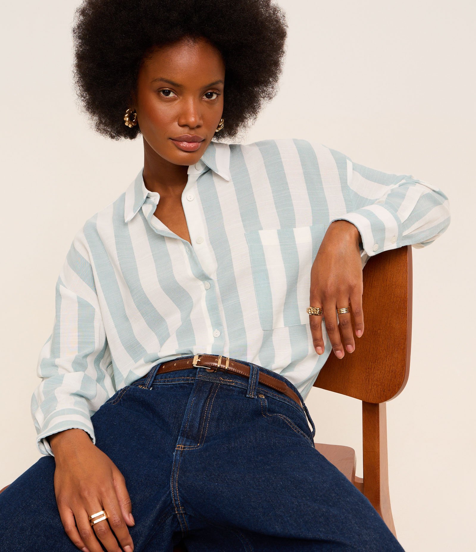 Camisa Oversized em Tricoline com Listras Largas Verde/Branco 5