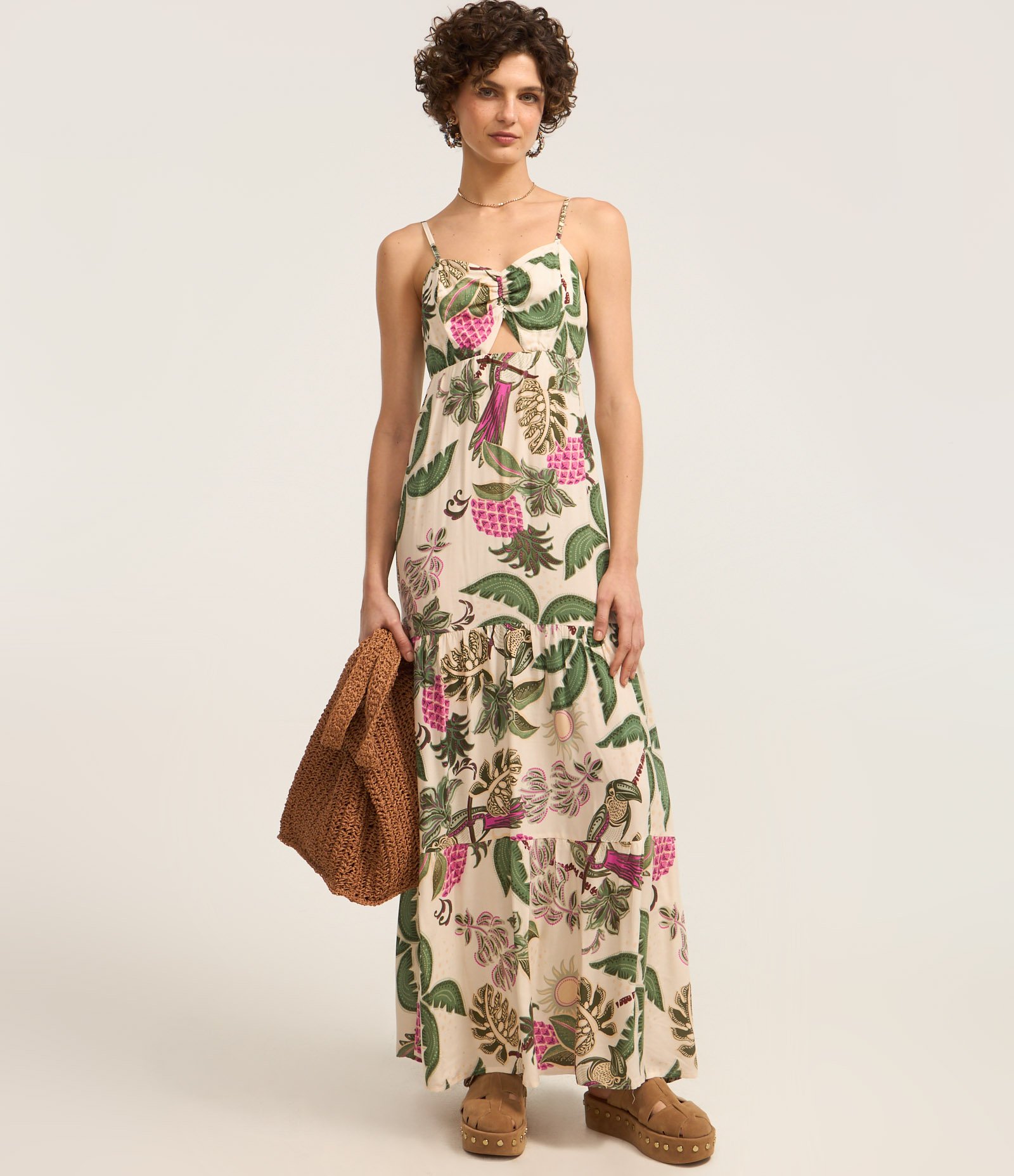 Vestido Godê Longo em Viscolinho com Estampa Abacaxi Off White 2