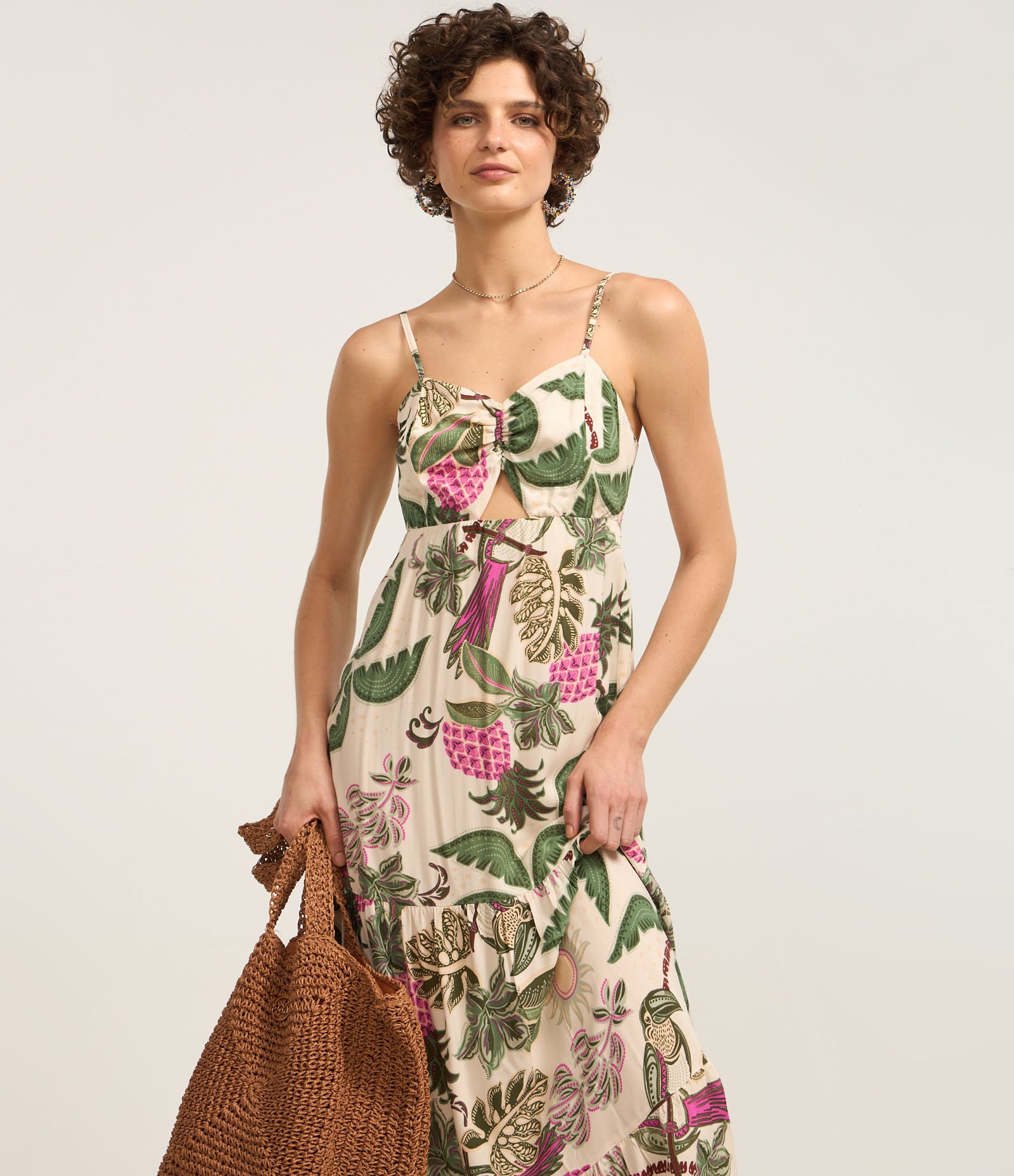 Vestido Godê Longo em Viscolinho com Estampa Abacaxi Off White 3