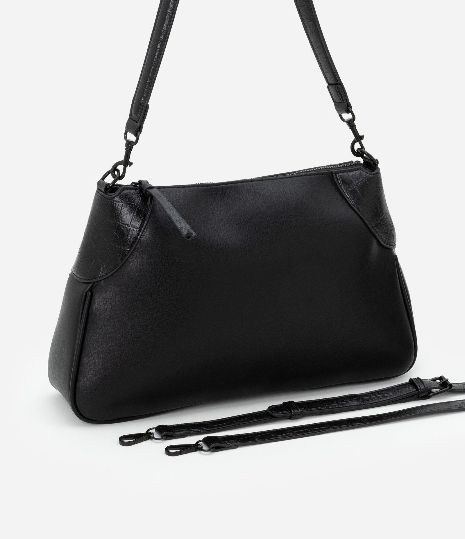Bolsa Shoulder Média com Detalhes Croco Preto 8