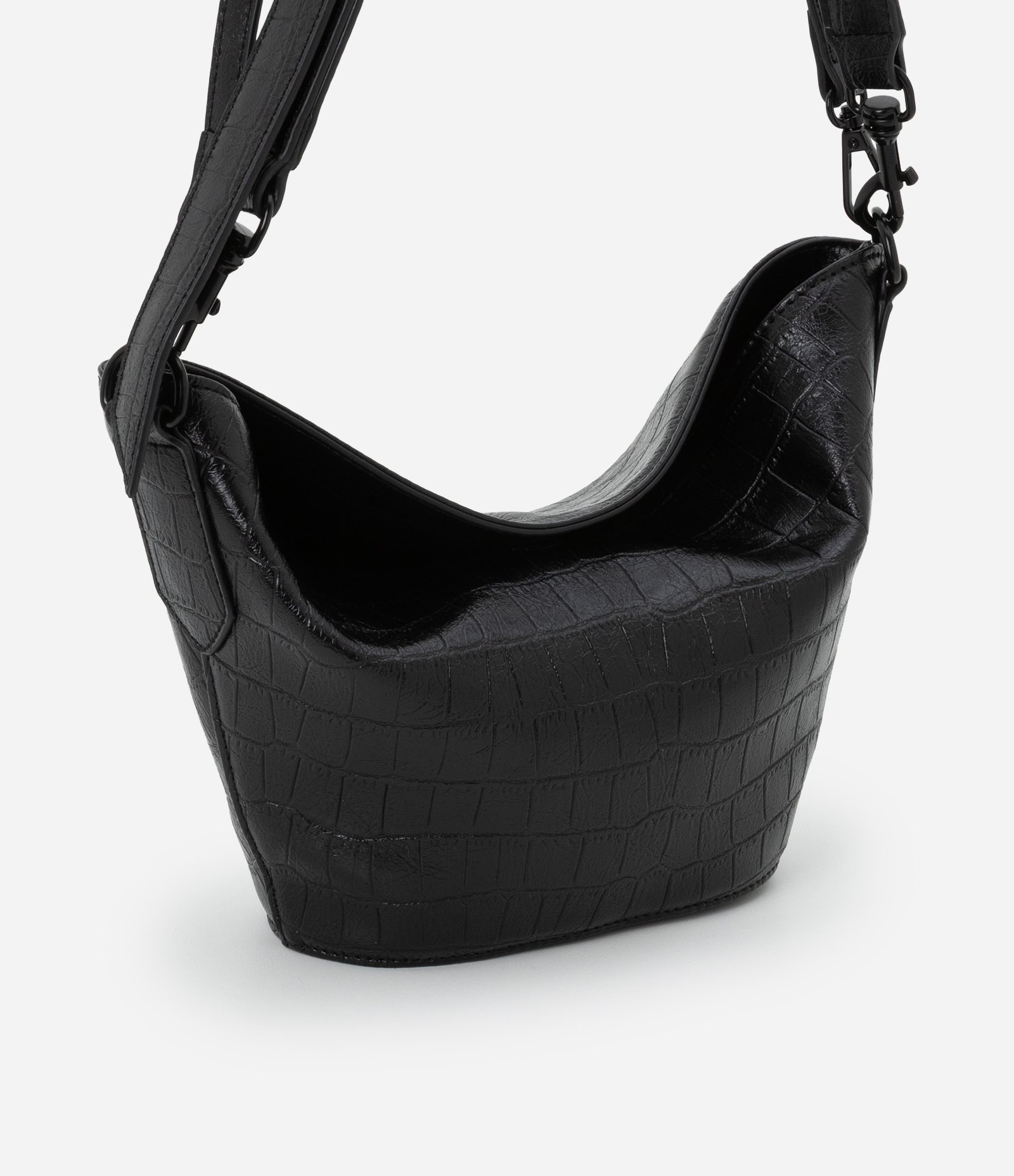 Bolsa Shoulder Pequena com Textura Croco e Alça Ajustável Preto 2
