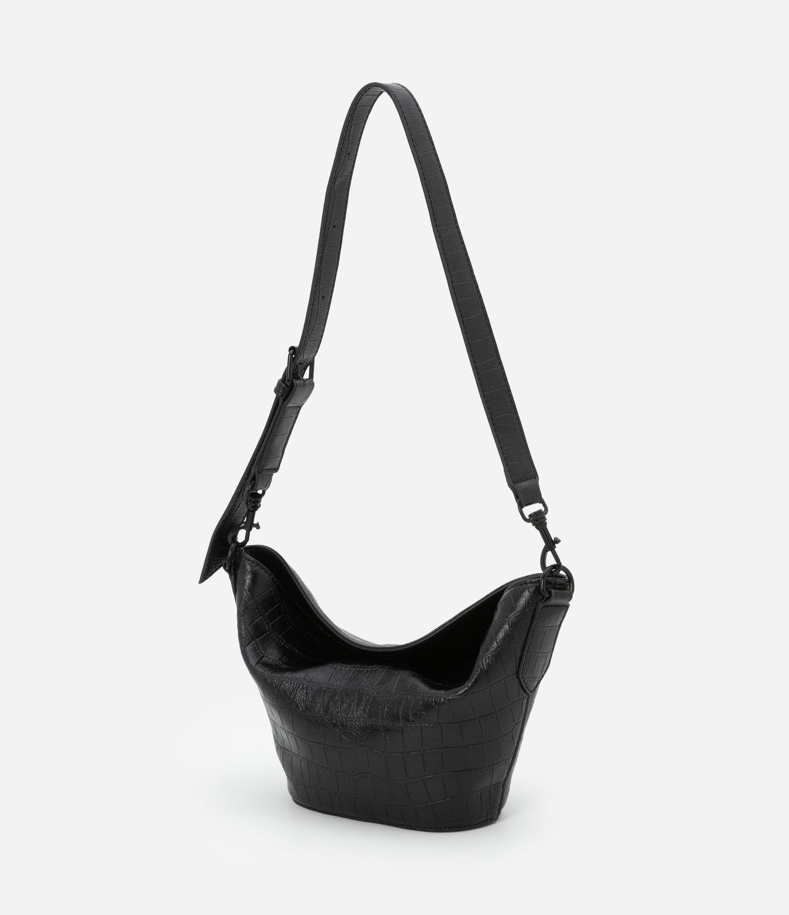 Bolsa Shoulder Pequena com Textura Croco e Alça Ajustável Preto 4