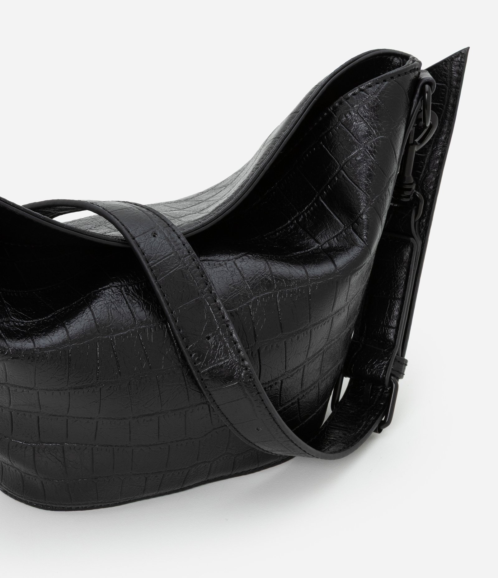 Bolsa Shoulder Pequena com Textura Croco e Alça Ajustável Preto 7