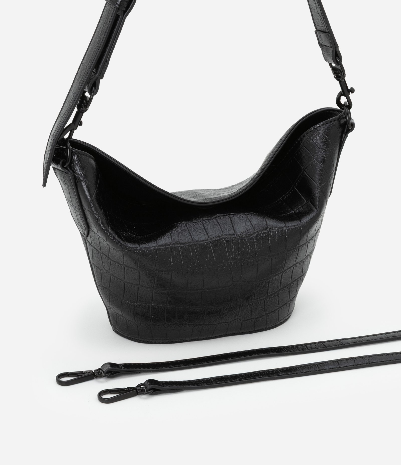 Bolsa Shoulder Pequena com Textura Croco e Alça Ajustável Preto 8