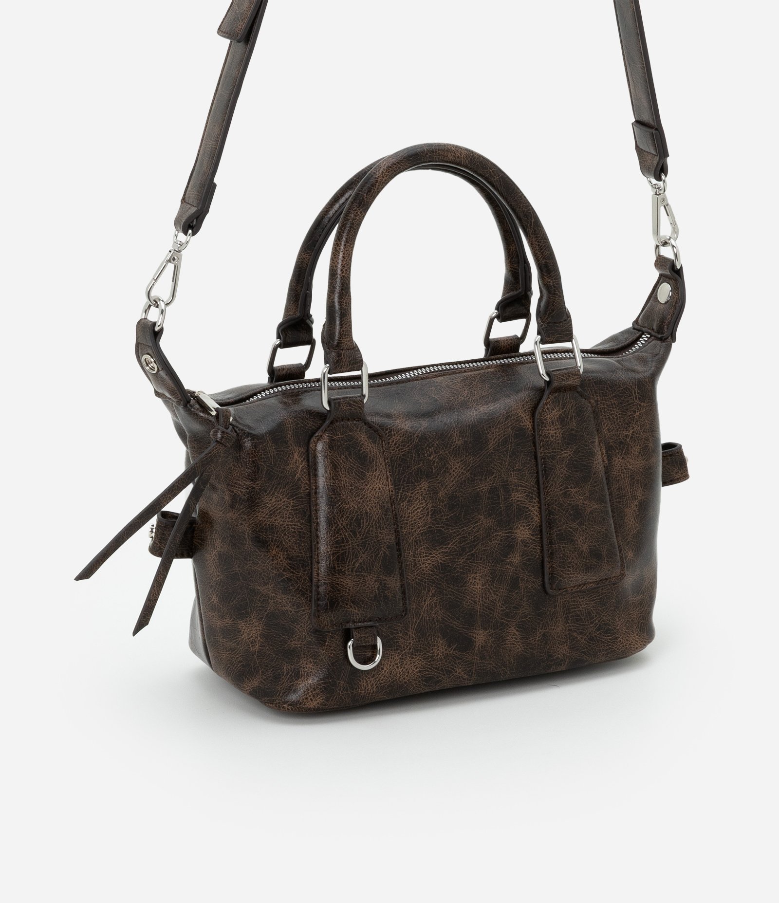 Bolsa Mini Satchel Estonada com Alça Curta e Longa Marrom 3