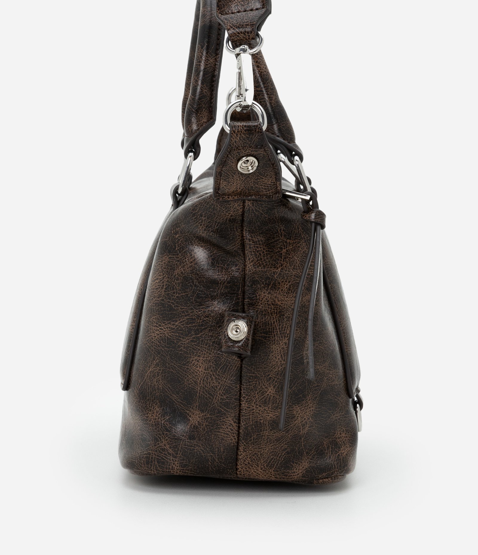 Bolsa Mini Satchel Estonada com Alça Curta e Longa Marrom 4