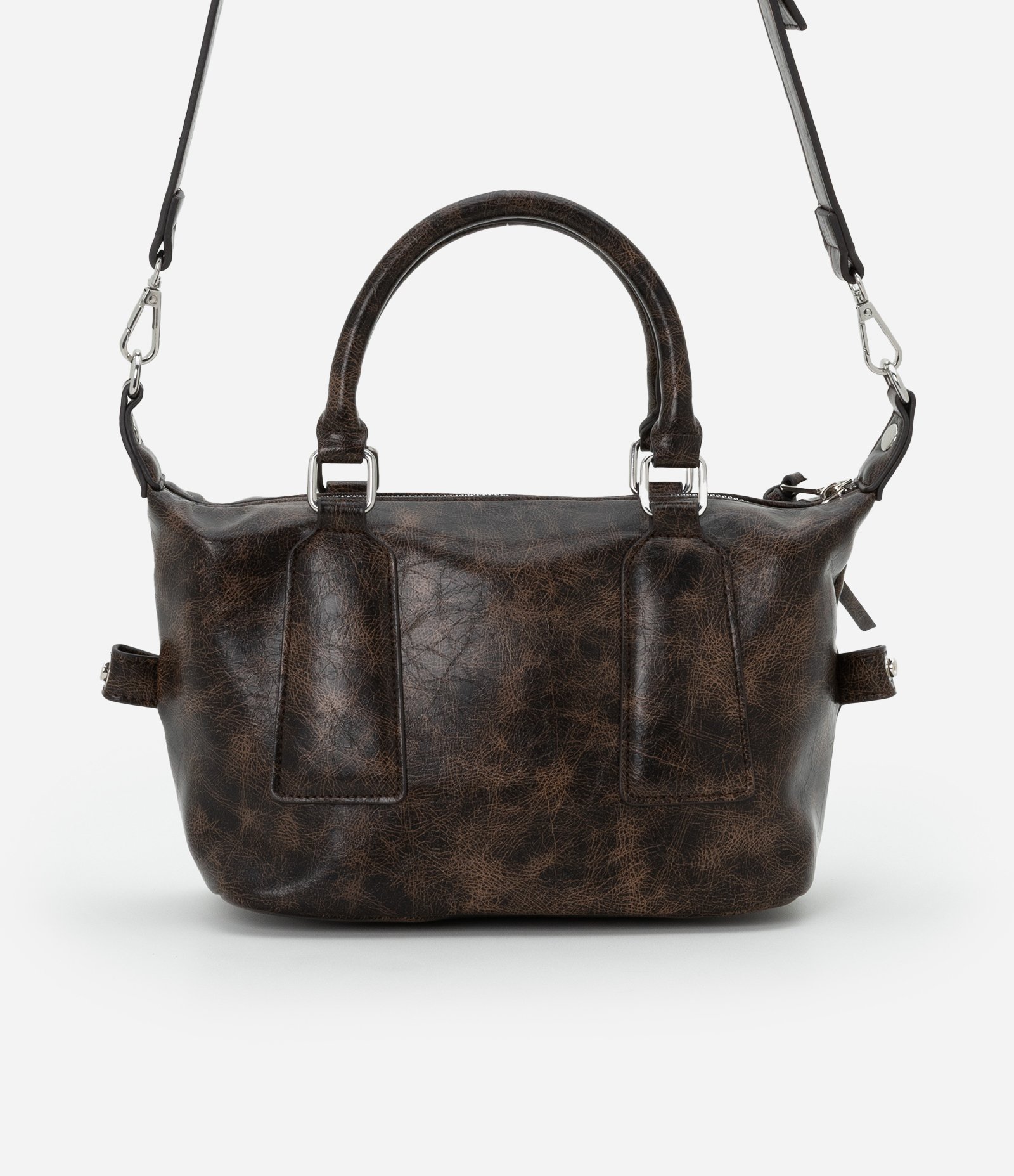 Bolsa Mini Satchel Estonada com Alça Curta e Longa Marrom 5