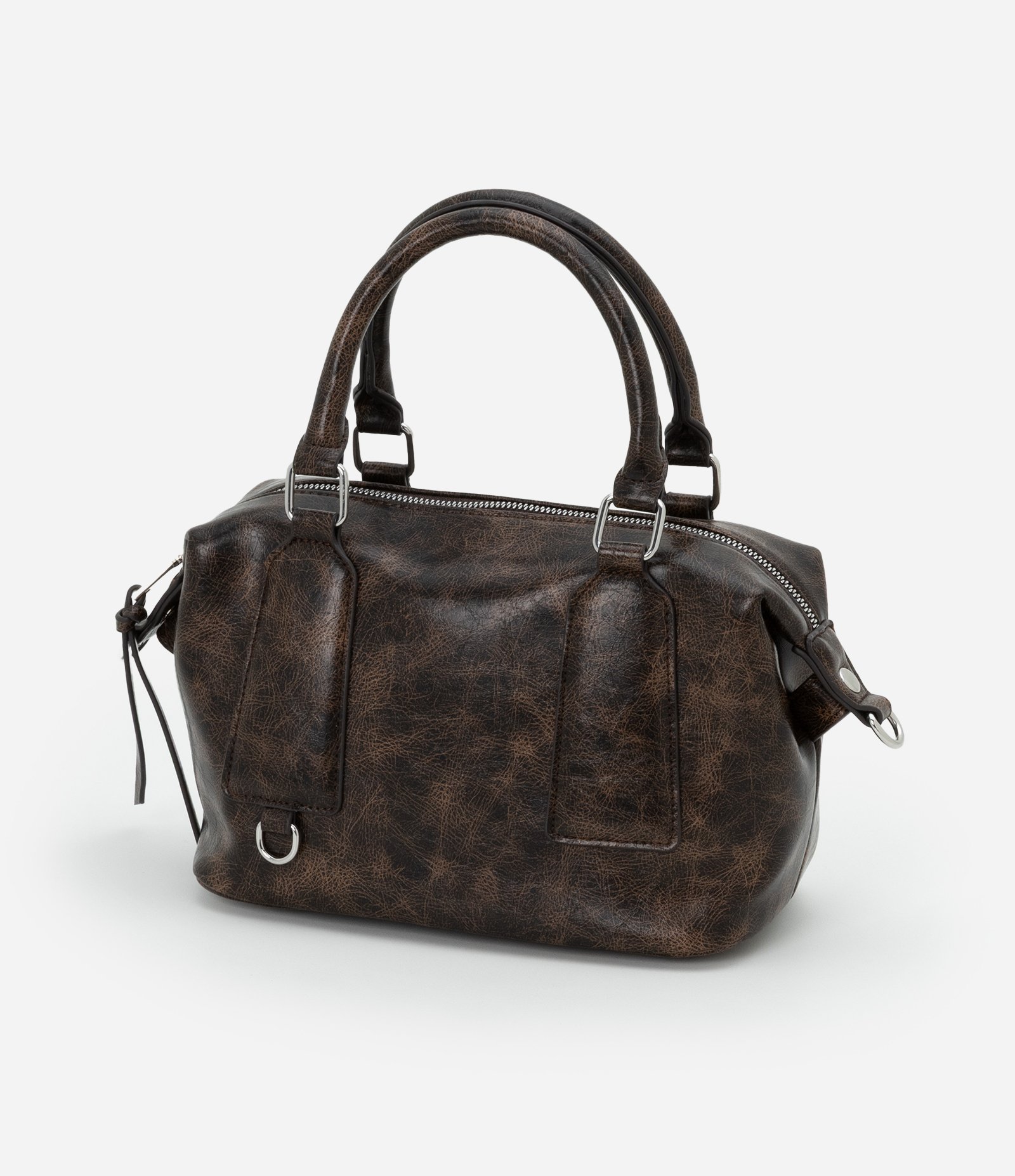 Bolsa Mini Satchel Estonada com Alça Curta e Longa Marrom 7