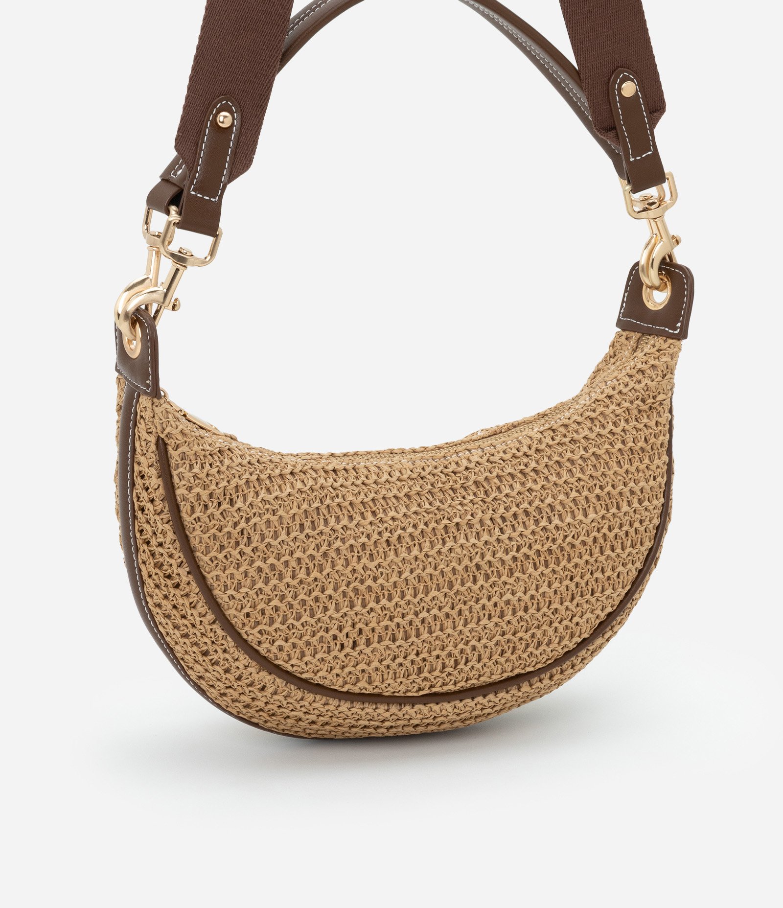 Bolsa Meia Lua Transversal Boho com Efeito Palha e Gorgorão Bege 2