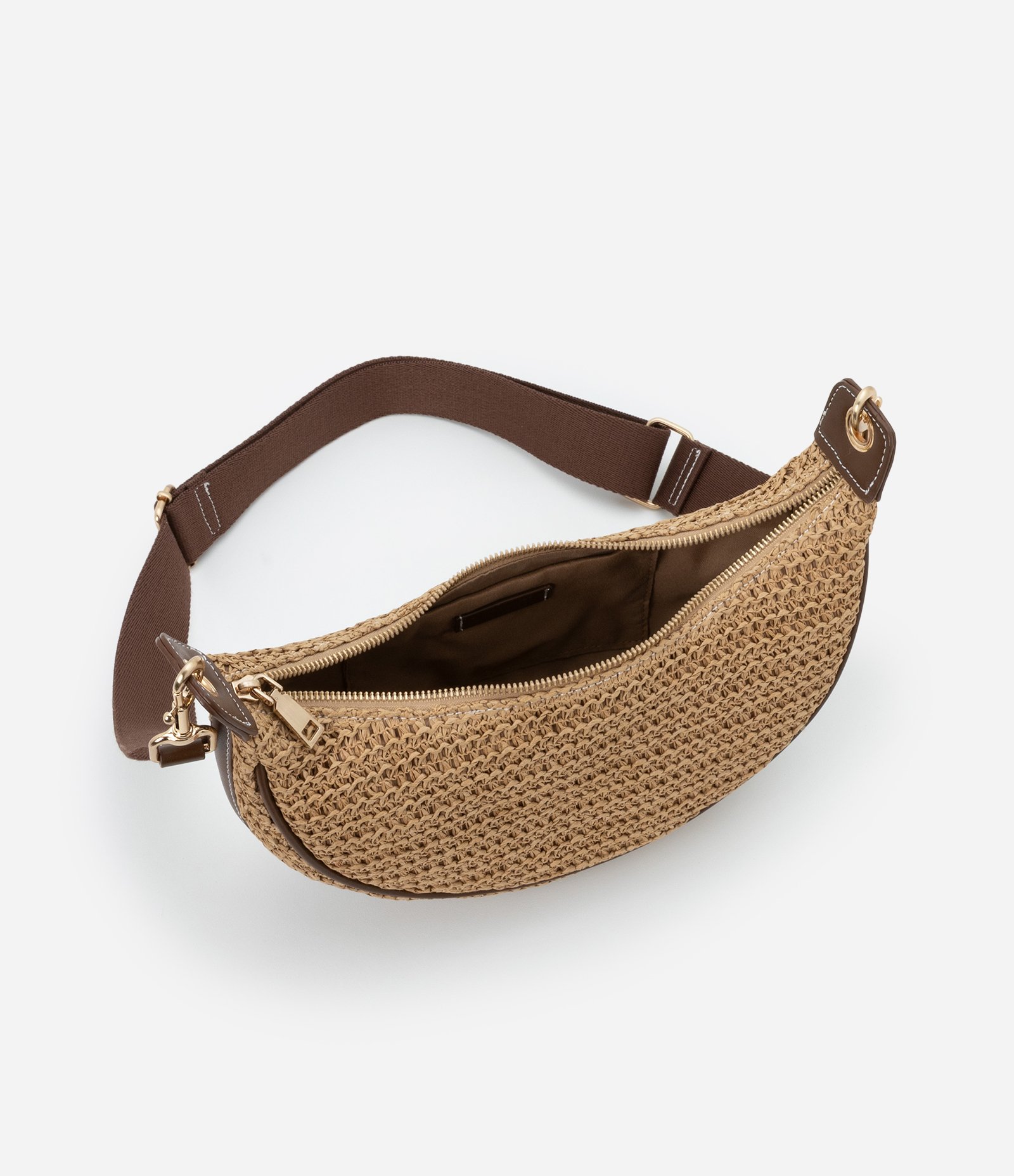 Bolsa Meia Lua Transversal Boho com Efeito Palha e Gorgorão Bege 3