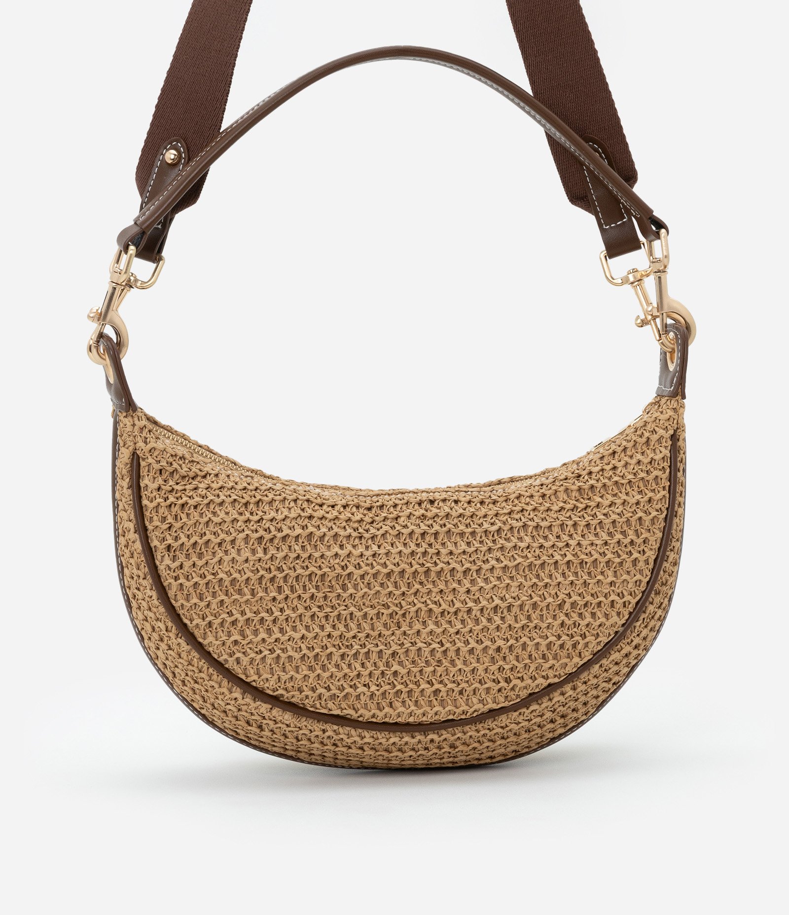 Bolsa Meia Lua Transversal Boho com Efeito Palha e Gorgorão Bege 4